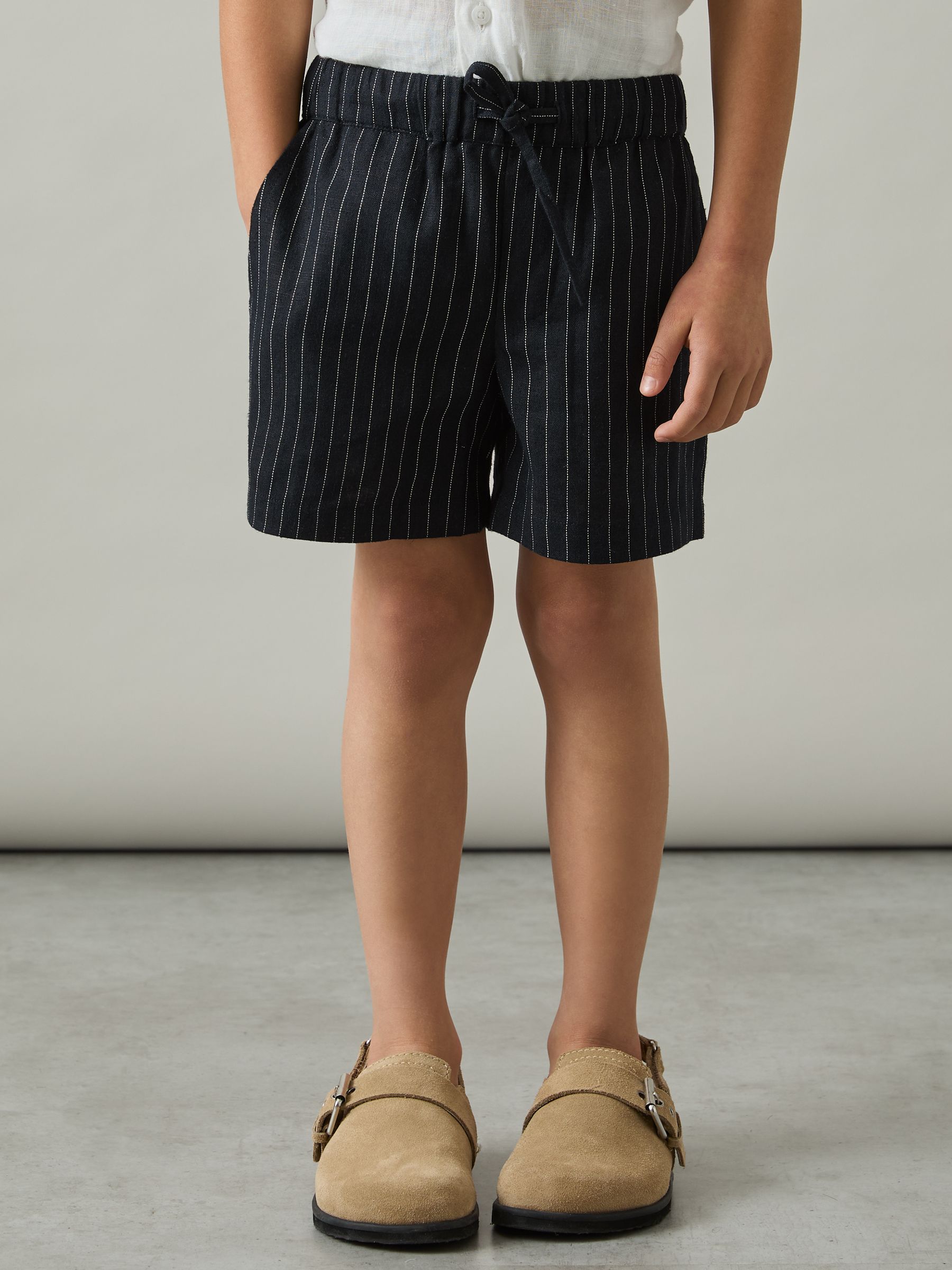 Linen Blend Drawstring Shorts in Navy Stripe - Image 3 of 4