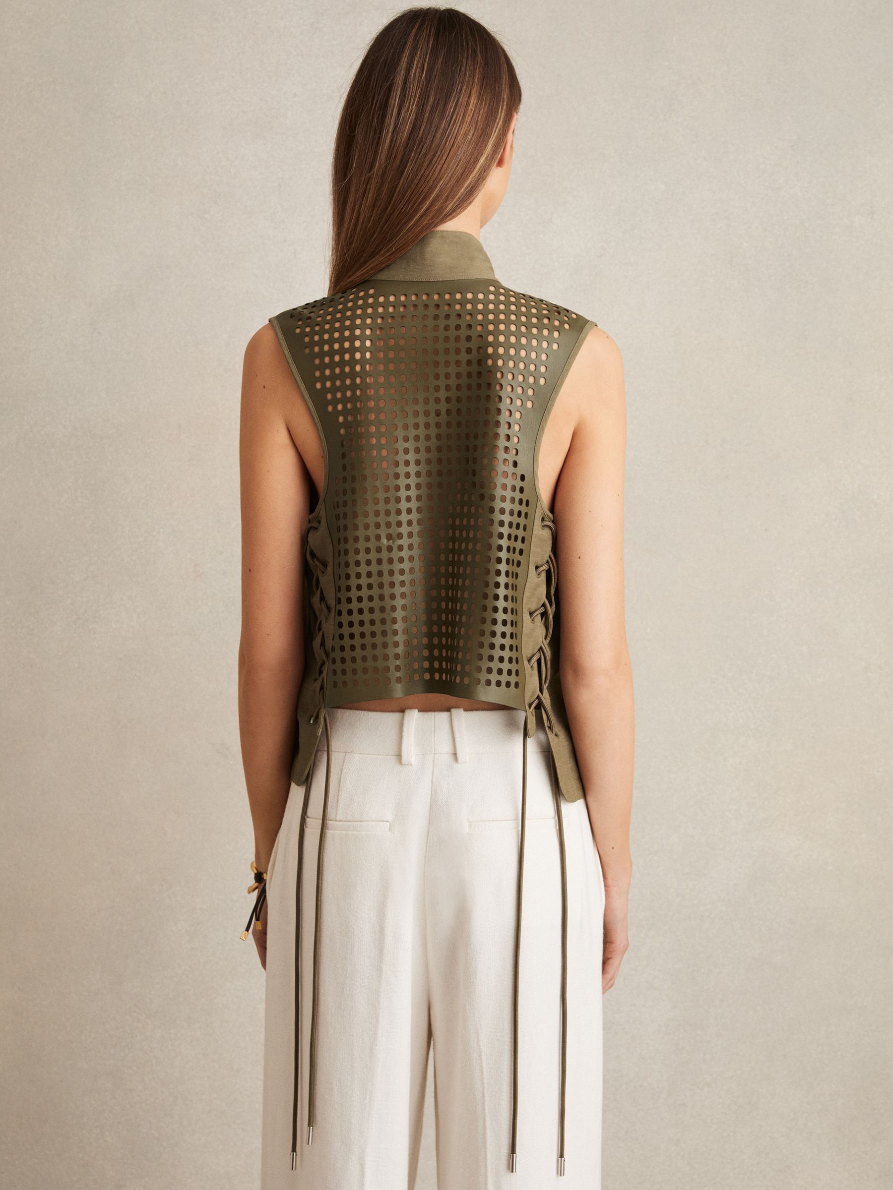 Cargo-Pocket Laser-Cut Gilet With Linen in Khaki - Image 6 of 7