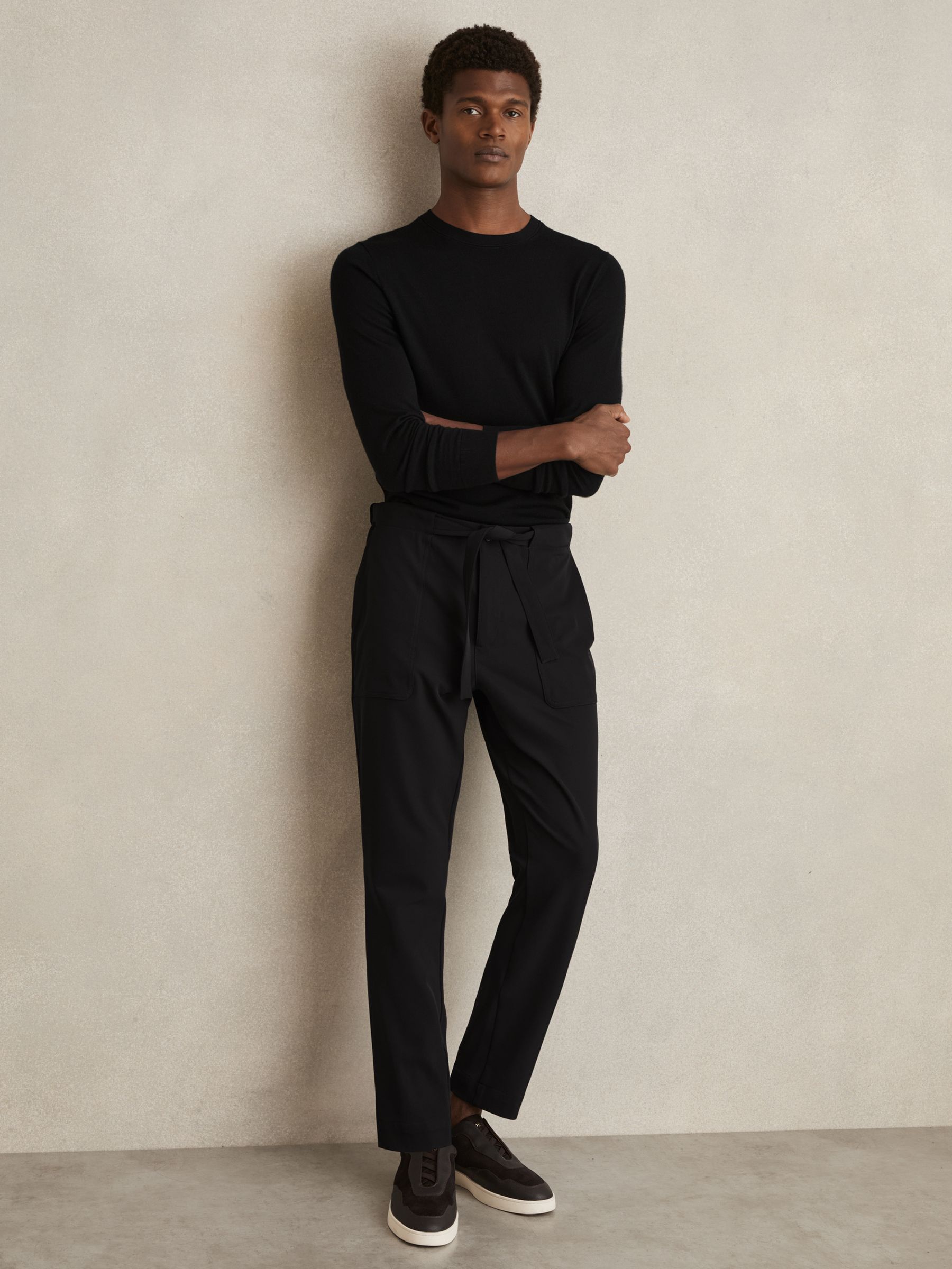 Belted Technical Tapered Trousers in Black - Image 1 of 6