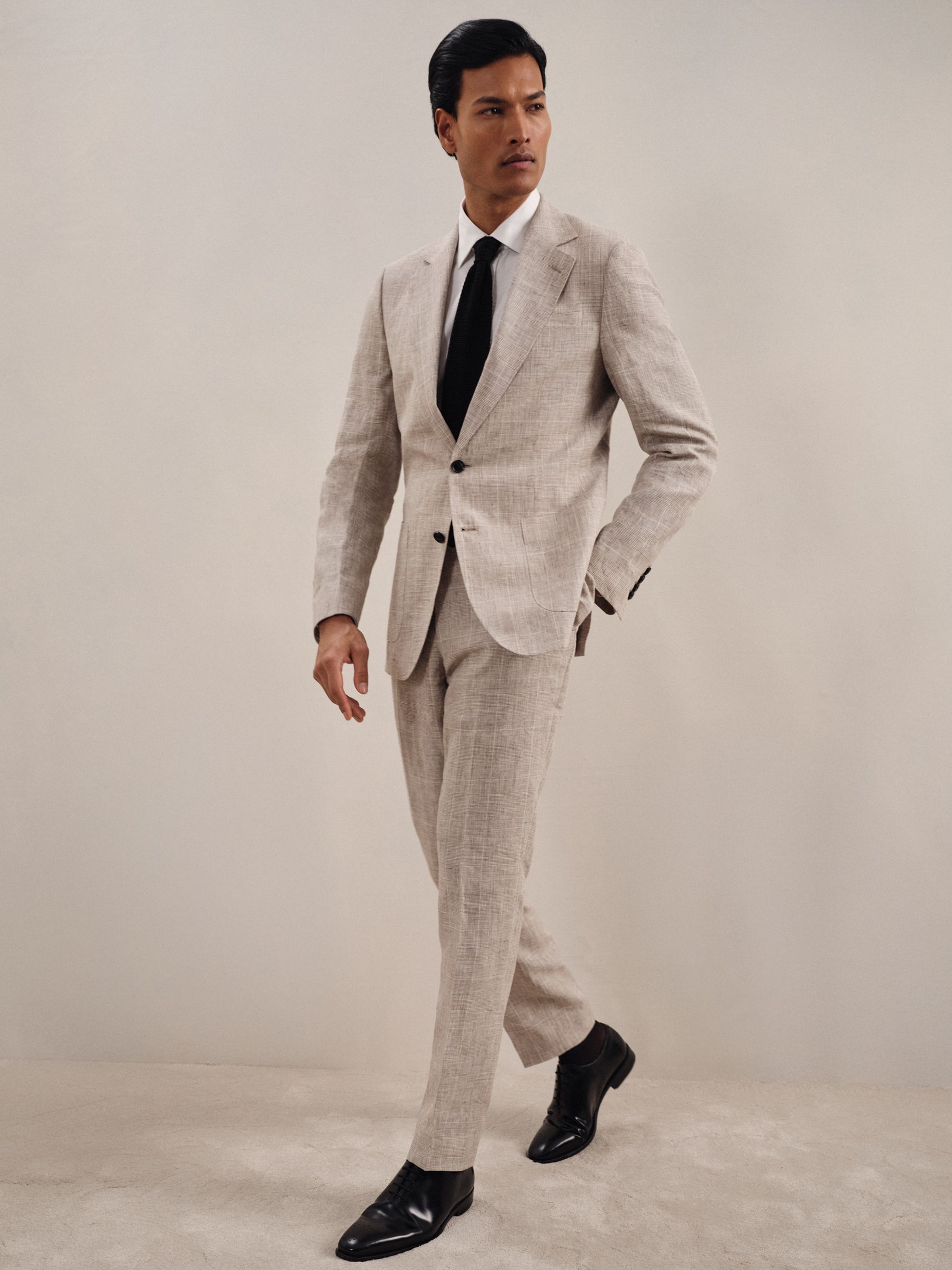 Linen Check Slim-Fit Suit Trousers in Oatmeal - Image 1 of 7