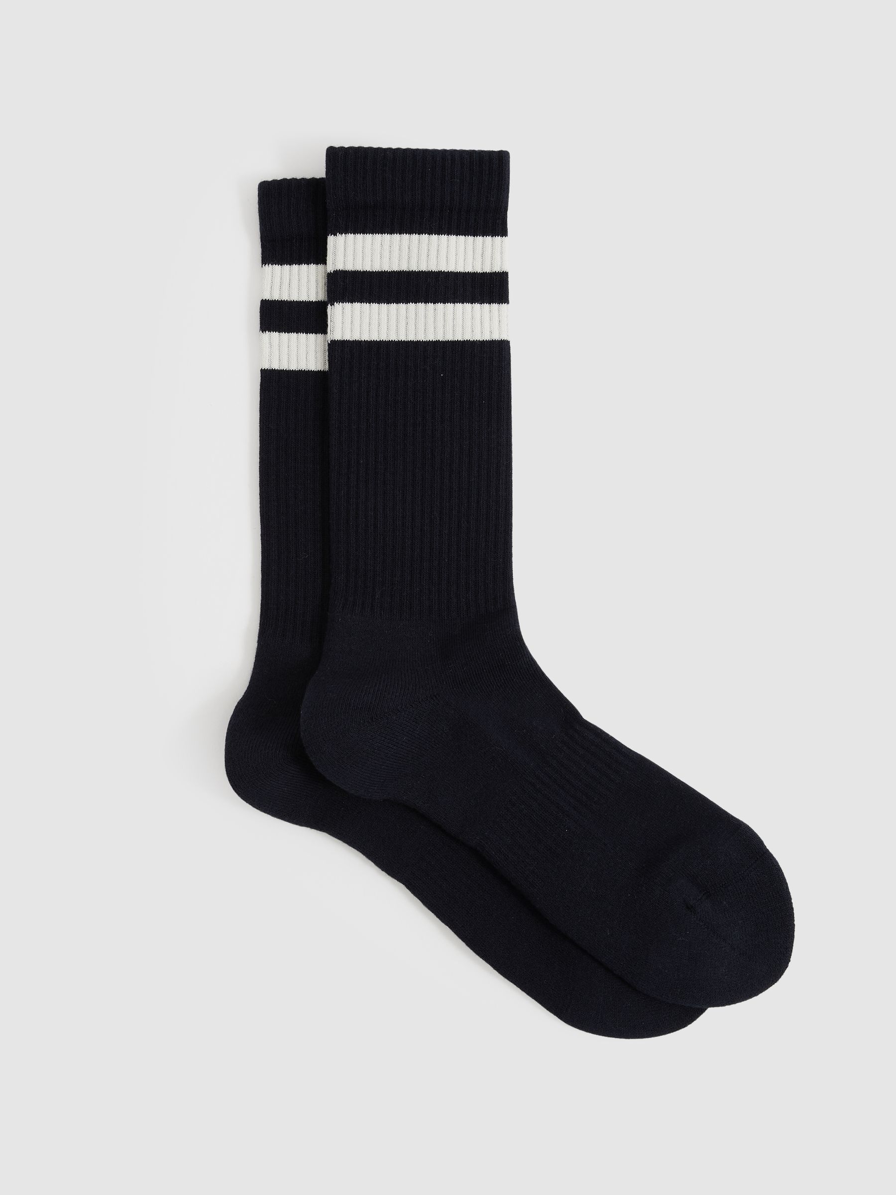 Cotton-Blend Double-Stripe Socks in Navy/Ecru - Image 1 of 3