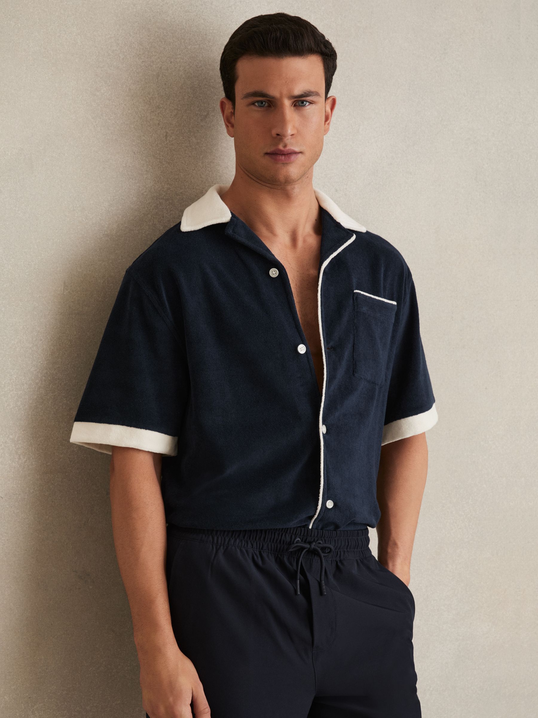 Towelling Contrast-Trim Shirt in Navy/White - Image 1 of 5 Towelling Contrast-Trim Shirt in Navy/White - Image 1 of 5