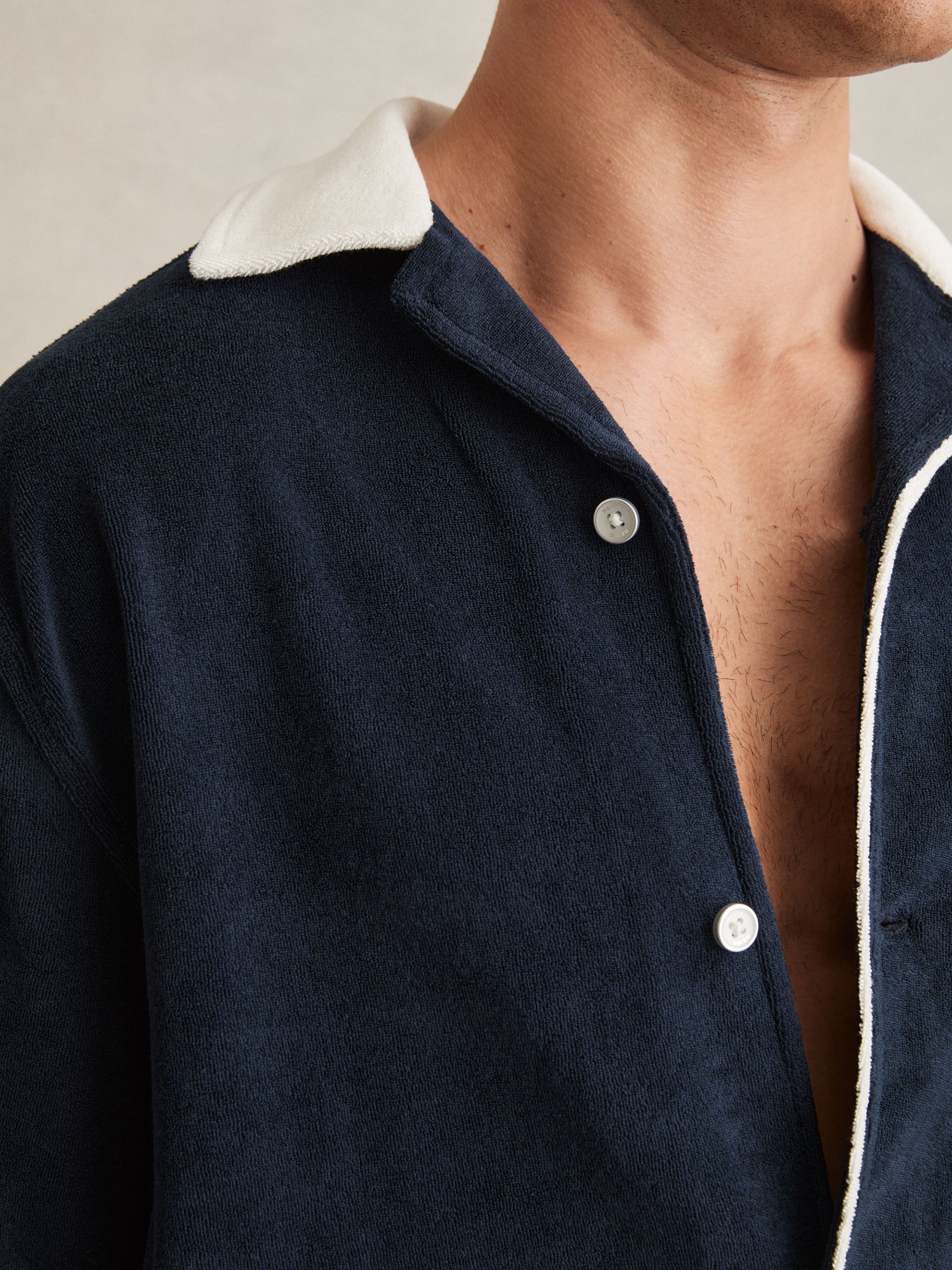 Towelling Contrast-Trim Shirt in Navy/White - Image 3 of 5