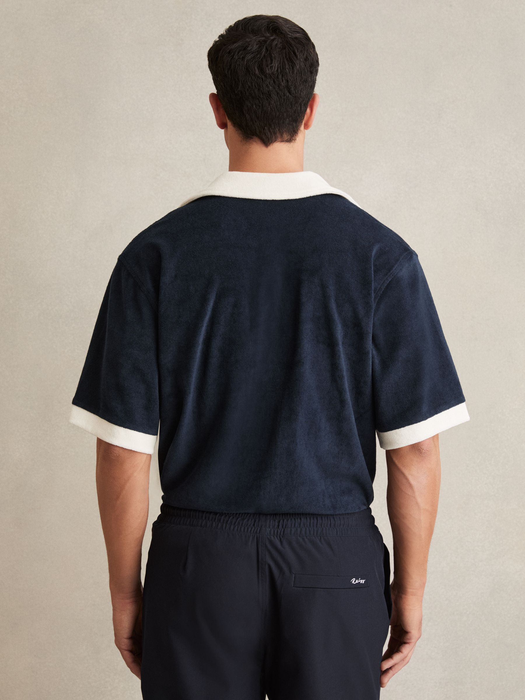 Towelling Contrast-Trim Shirt in Navy/White - Image 4 of 5