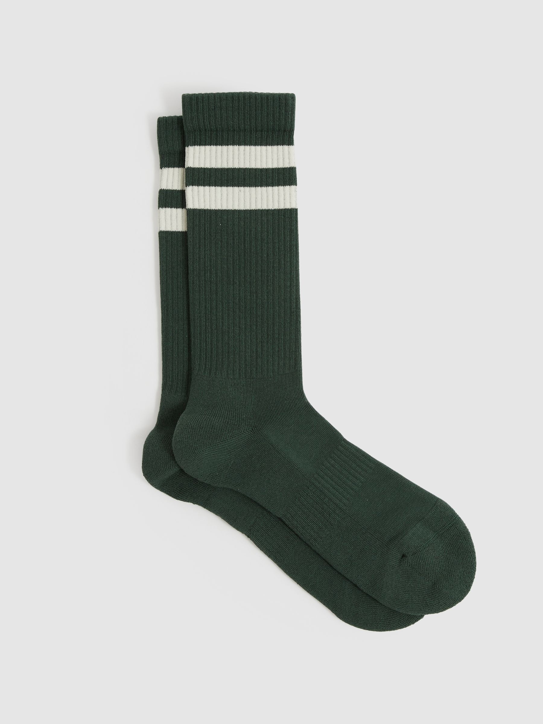 Cotton-Blend Double-Stripe Socks in Pine Green/Ecru - Image 1 of 3