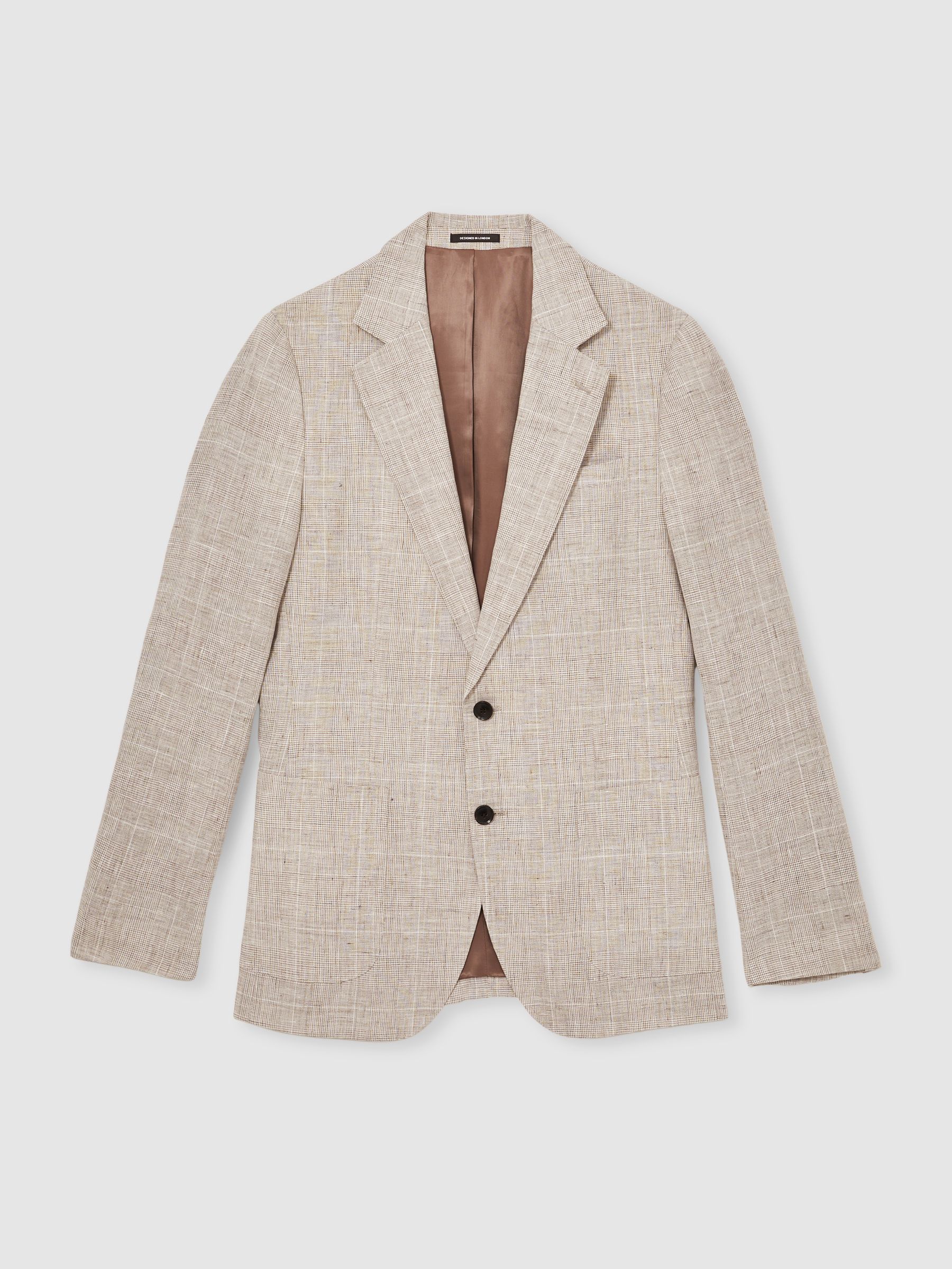 Slim Fit Linen Single Breasted Check Suit Blazer in Oatmeal - image 1