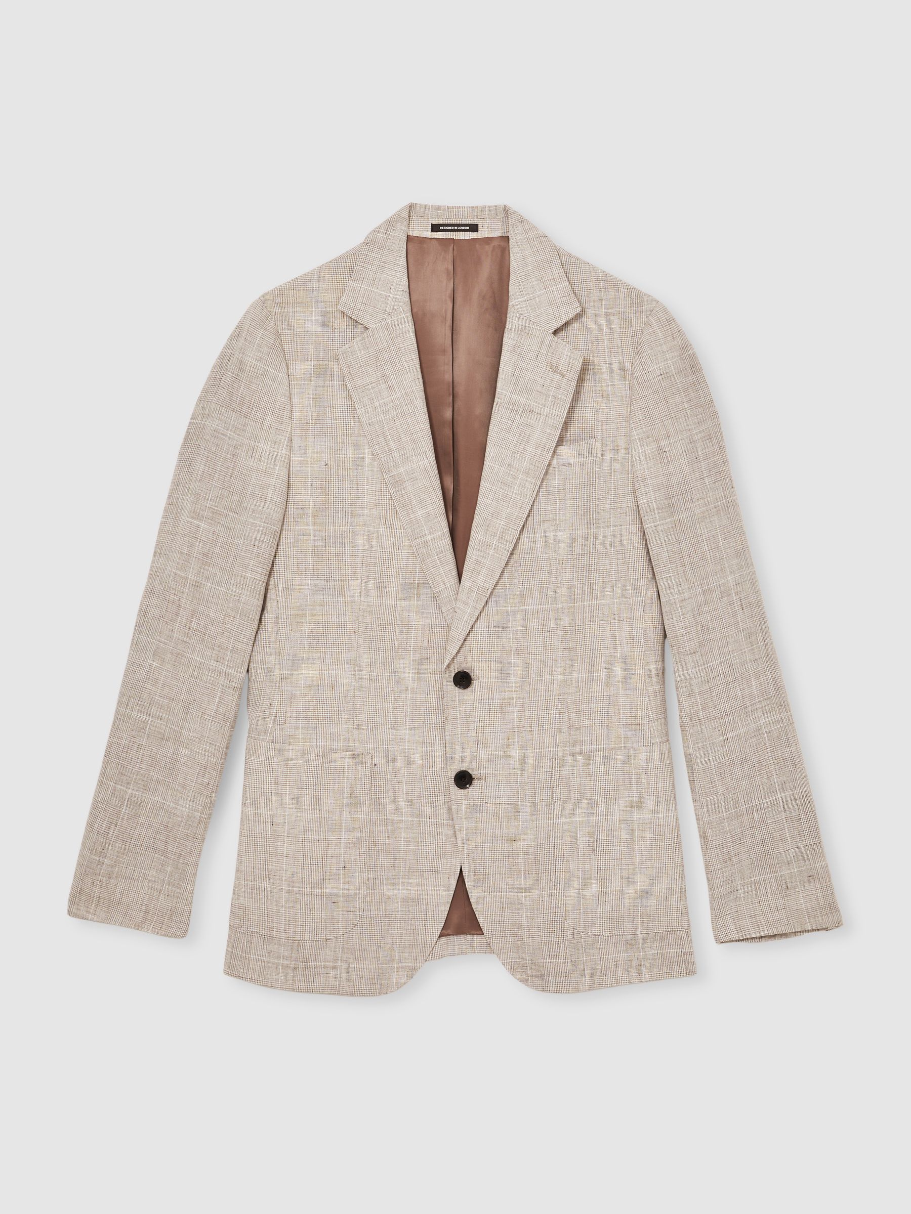 Slim-Fit Linen Single-Breasted Check Suit Blazer in Oatmeal - Image 2 of 9