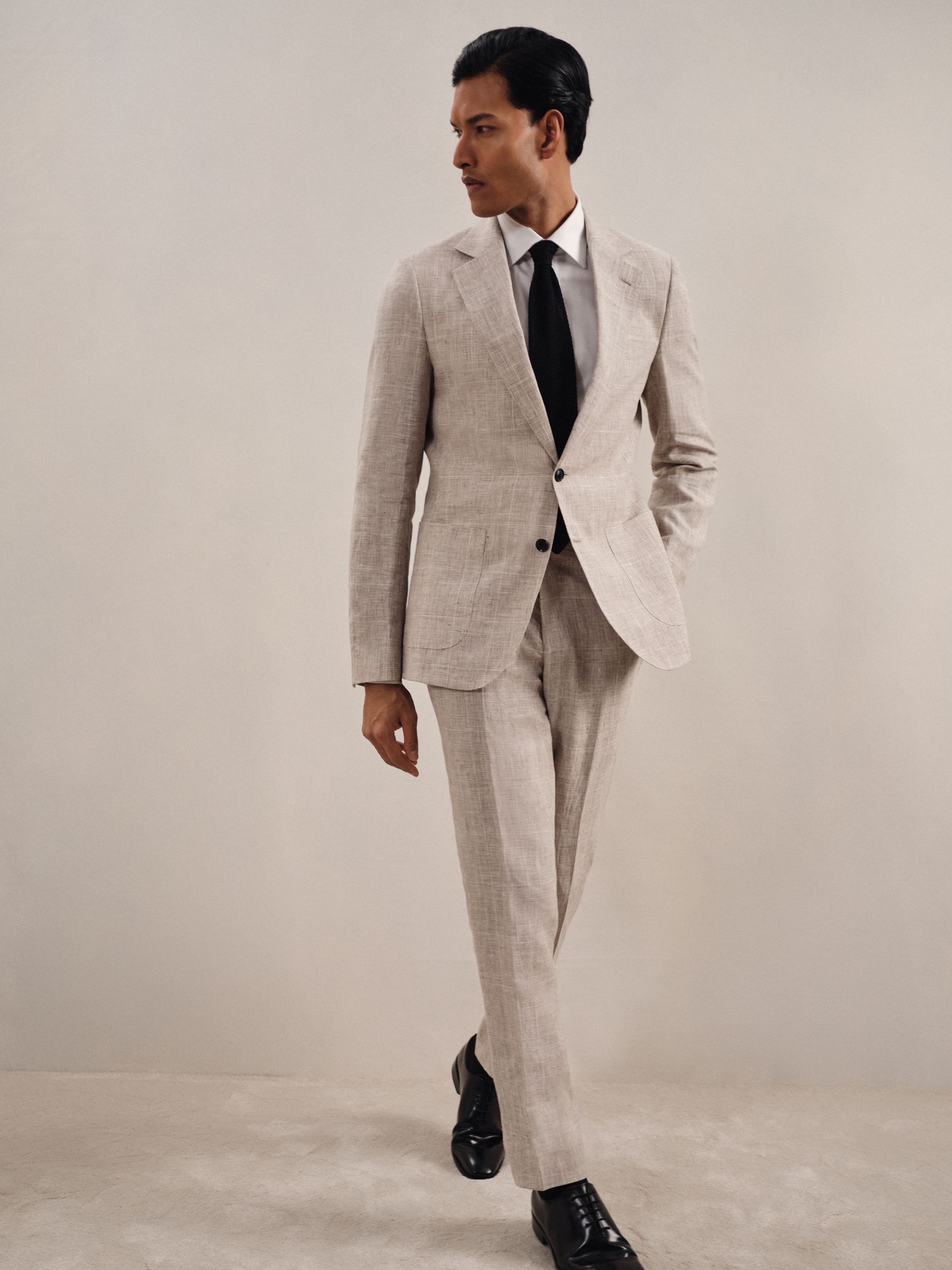 Slim-Fit Linen Single-Breasted Check Suit Blazer in Oatmeal - Image 3 of 9