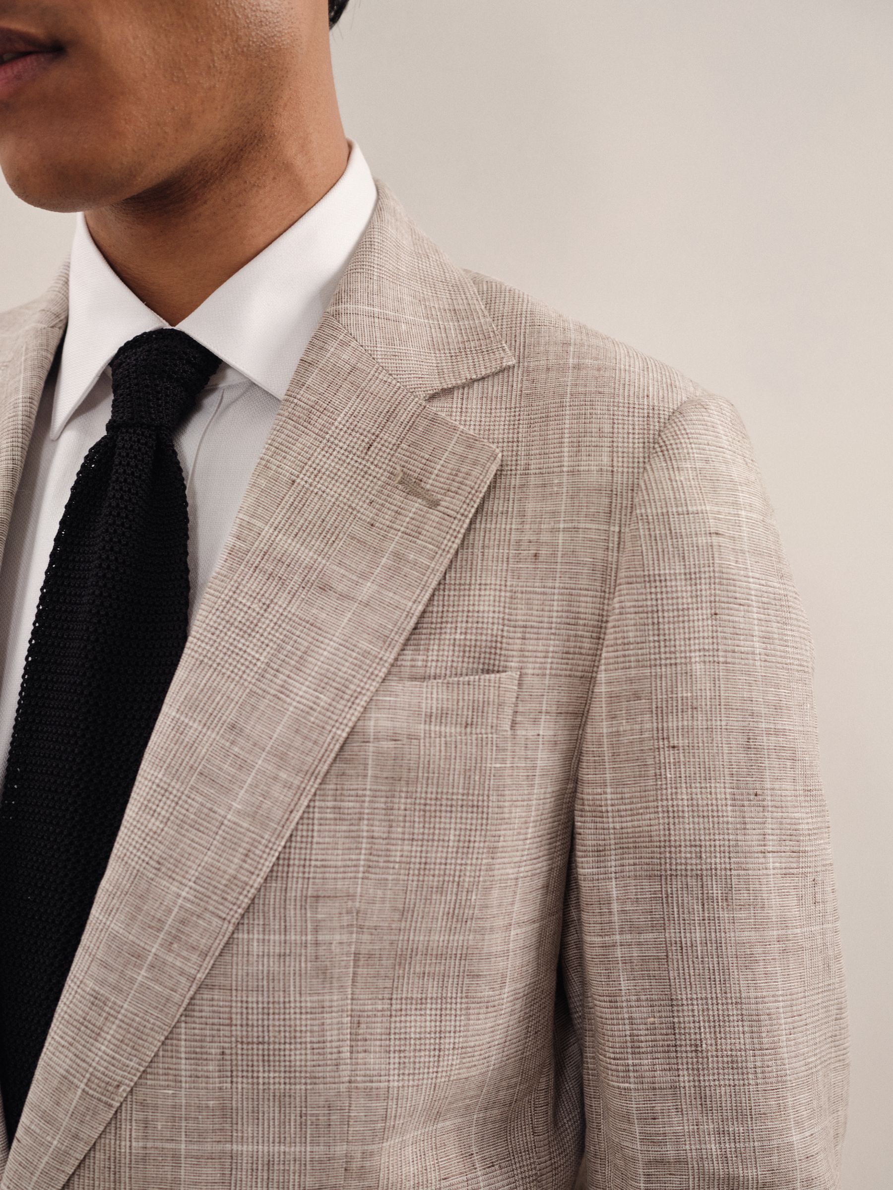 Slim-Fit Linen Single-Breasted Check Suit Blazer in Oatmeal - Image 5 of 9