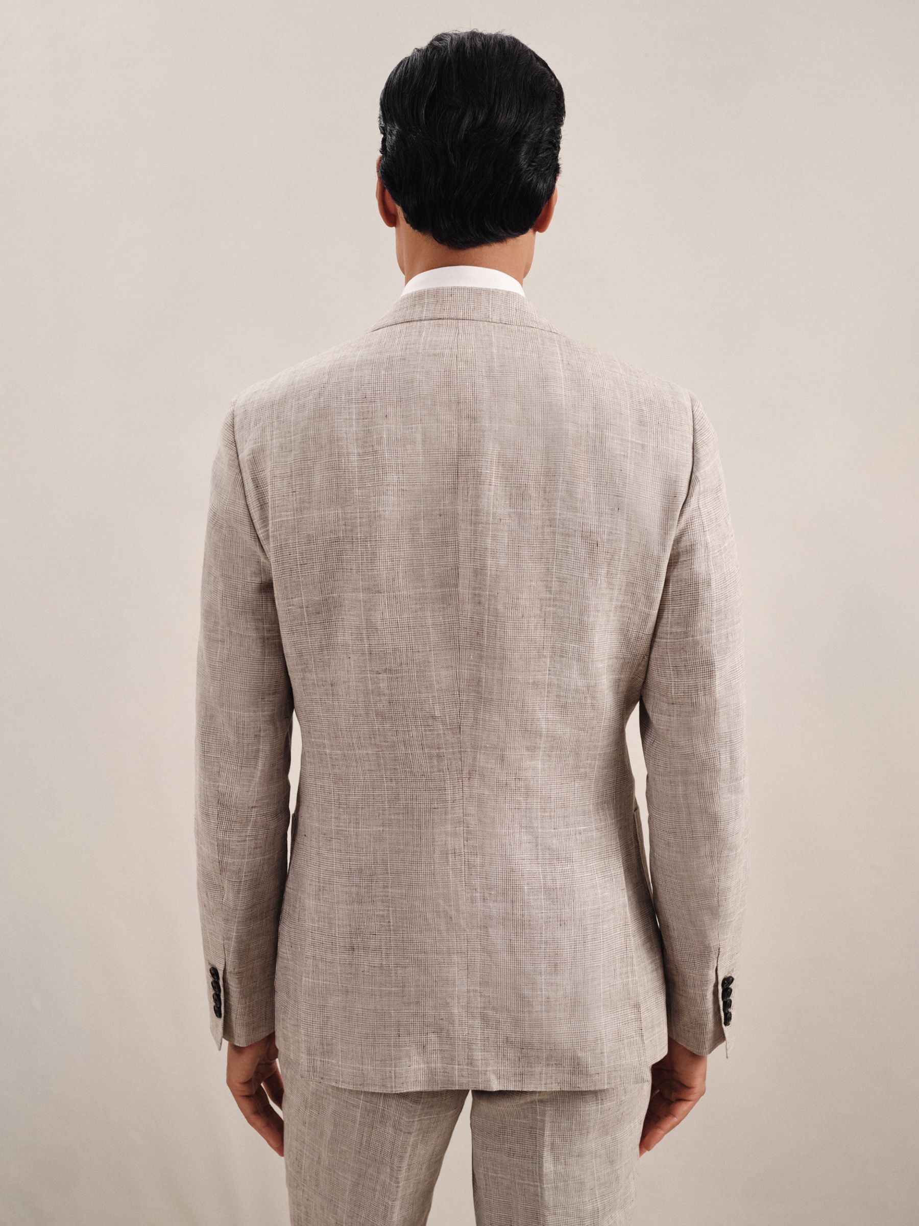 Slim-Fit Linen Single-Breasted Check Suit Blazer in Oatmeal - Image 6 of 9