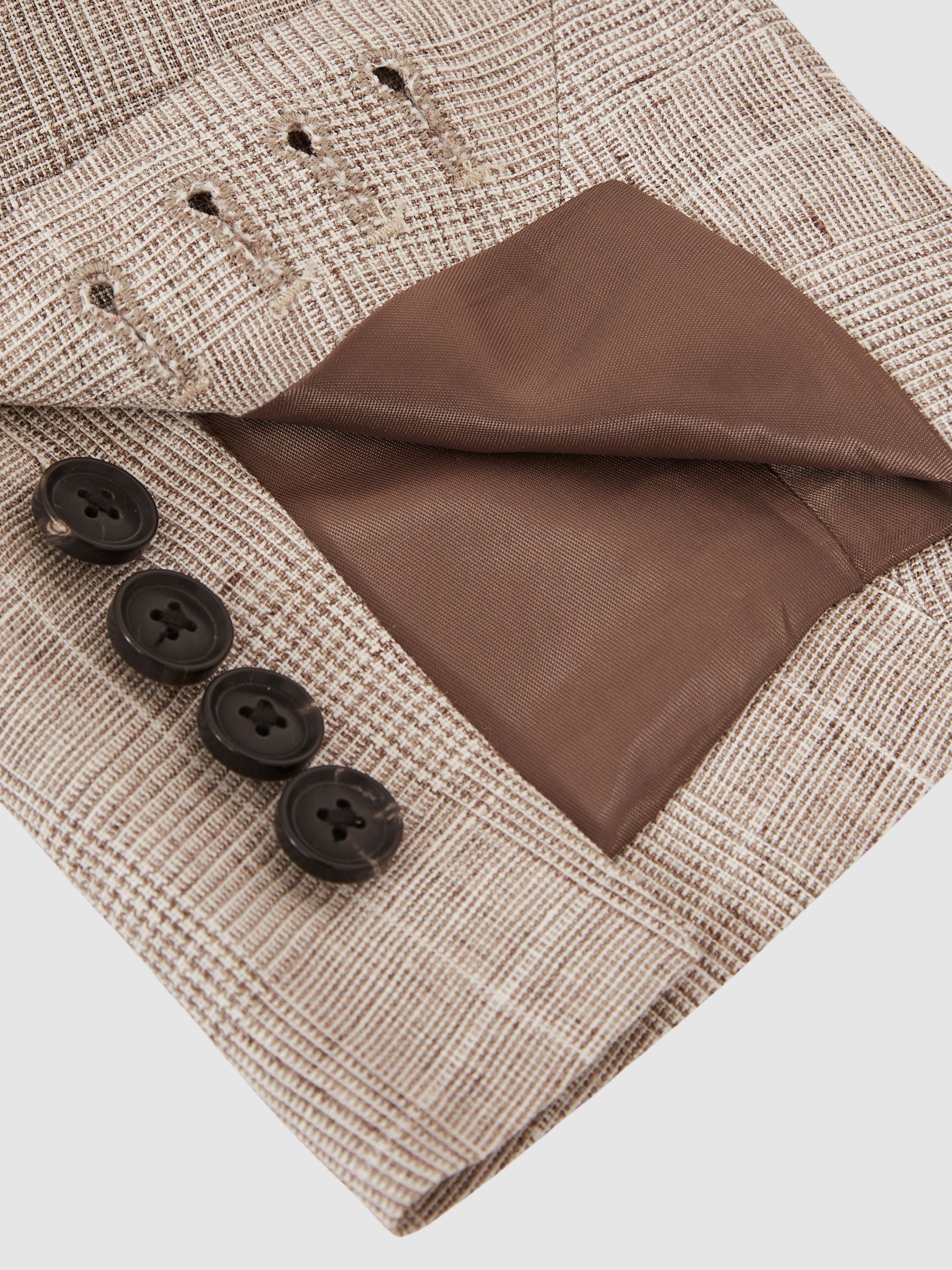 Slim-Fit Linen Single-Breasted Check Suit Blazer in Oatmeal - Image 8 of 9