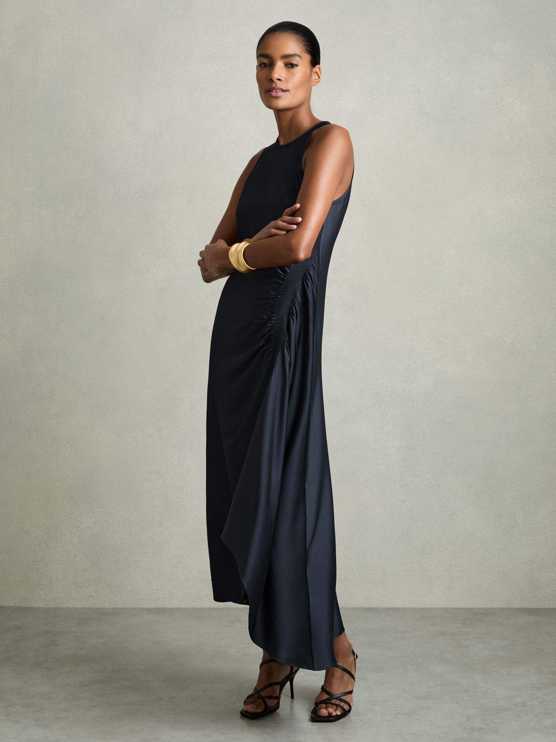 Petite Satin Shirred Midi Dress in Navy - Image 1 of 8