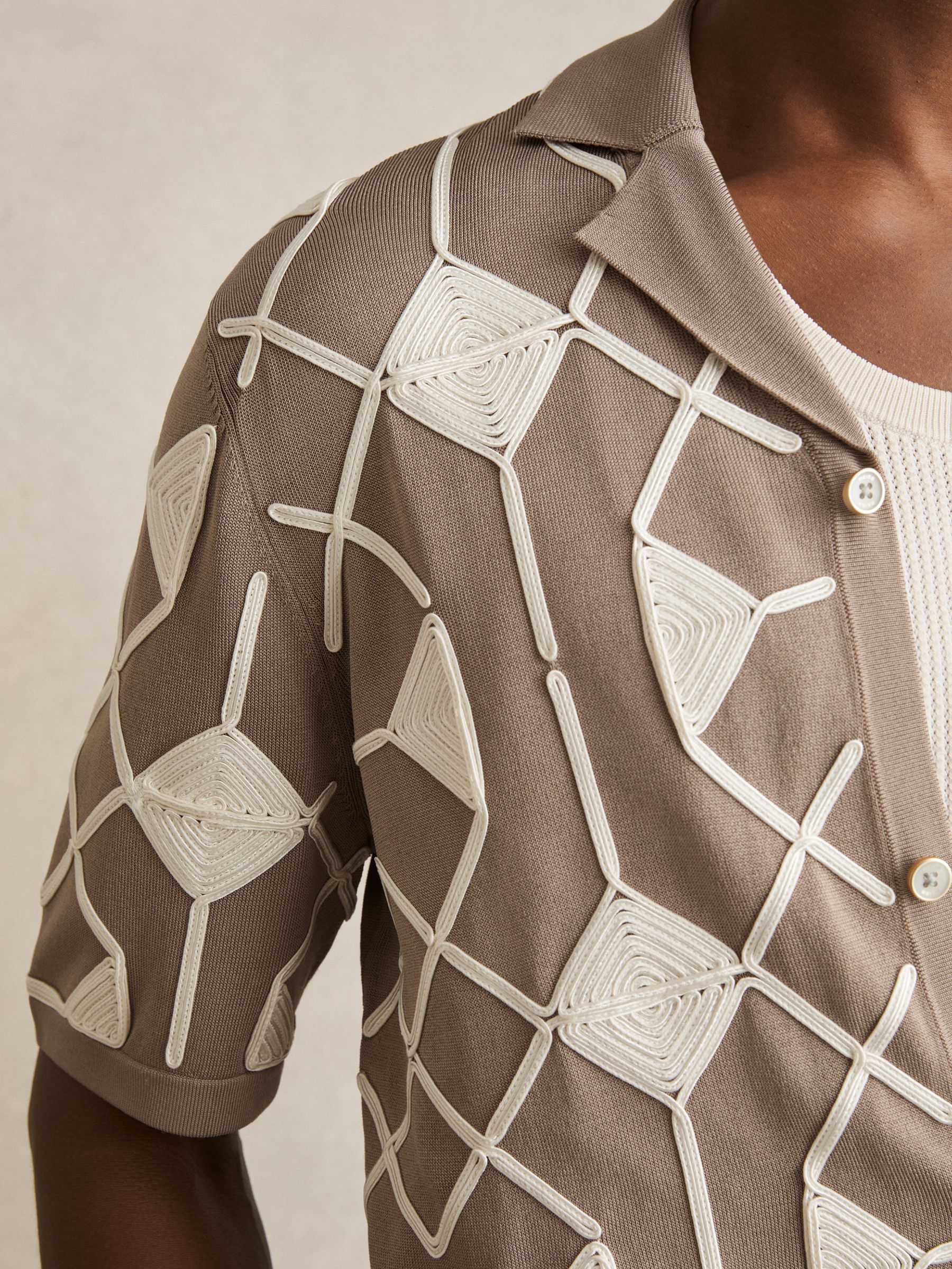 Geometric Embroidery Knit Shirt in Taupe Brown - Image 3 of 6
