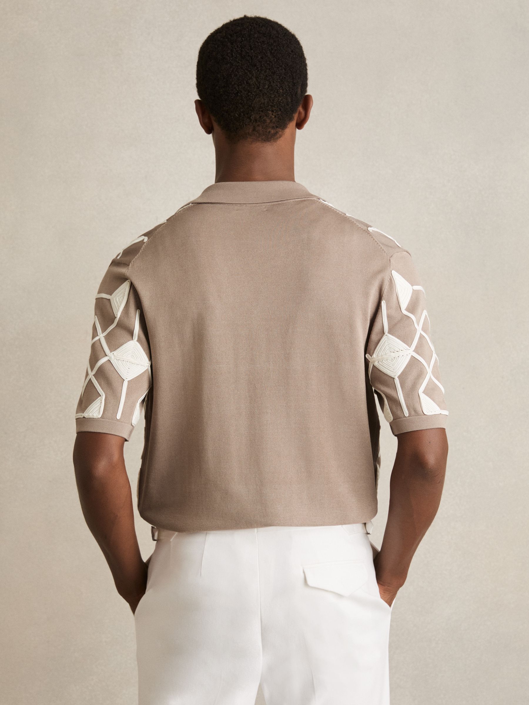 Reiss Geometric Embroidery Knit Shirt in Taupe Brown | REISS