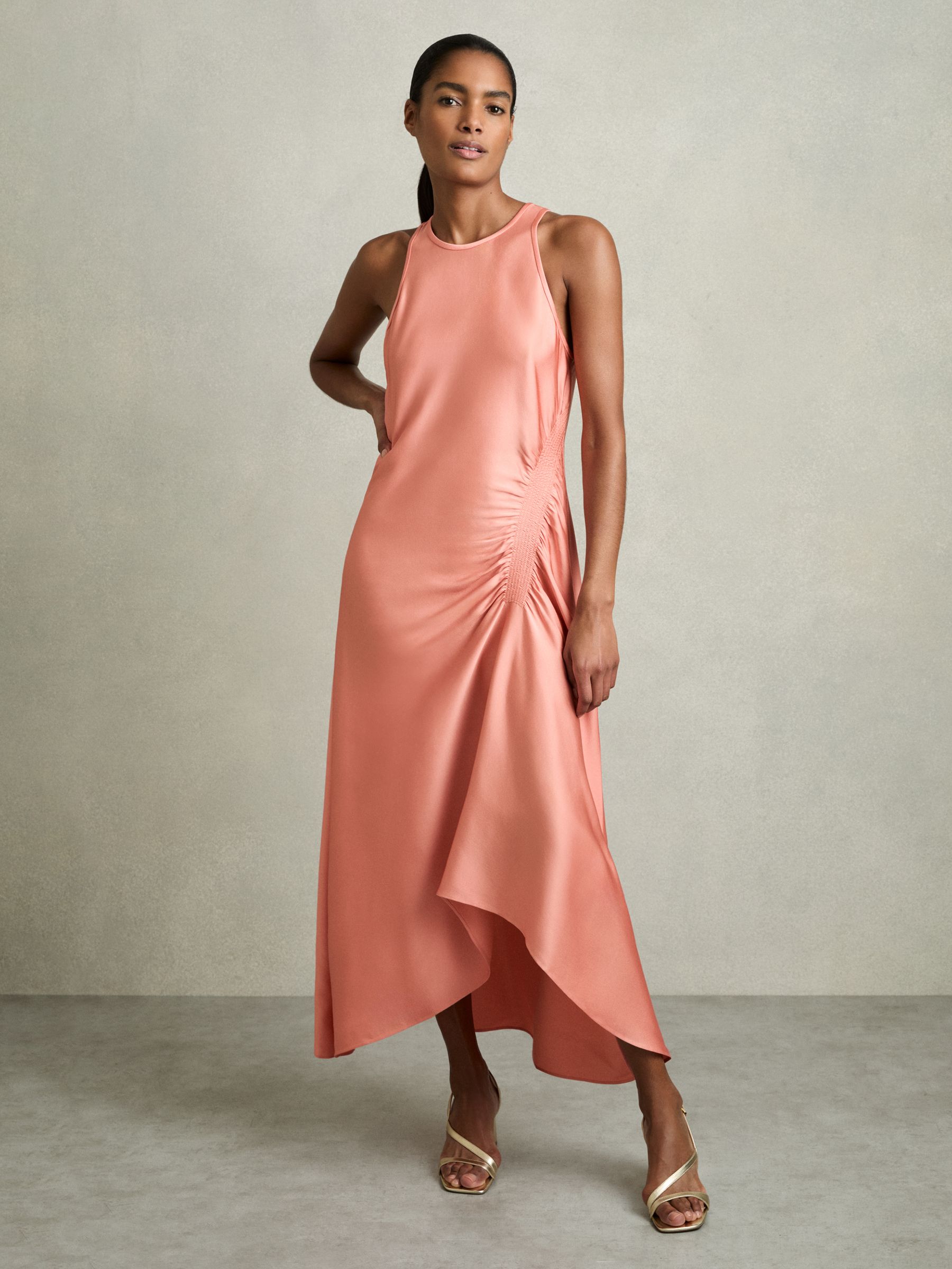 Petite Satin Shirred Midi Dress in Coral - Image 1 of 6