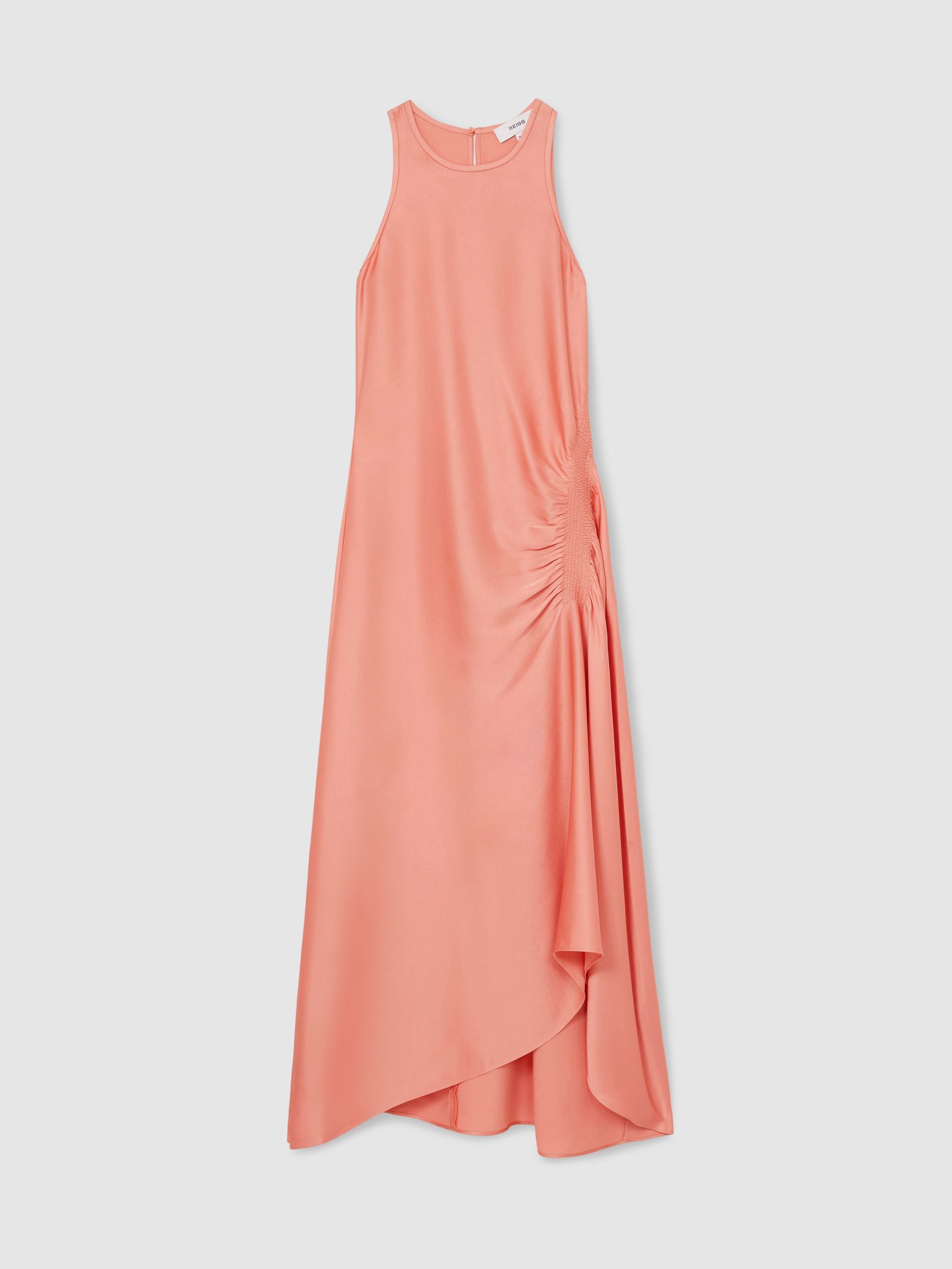 Petite Satin Shirred Midi Dress in Coral - Image 2 of 6