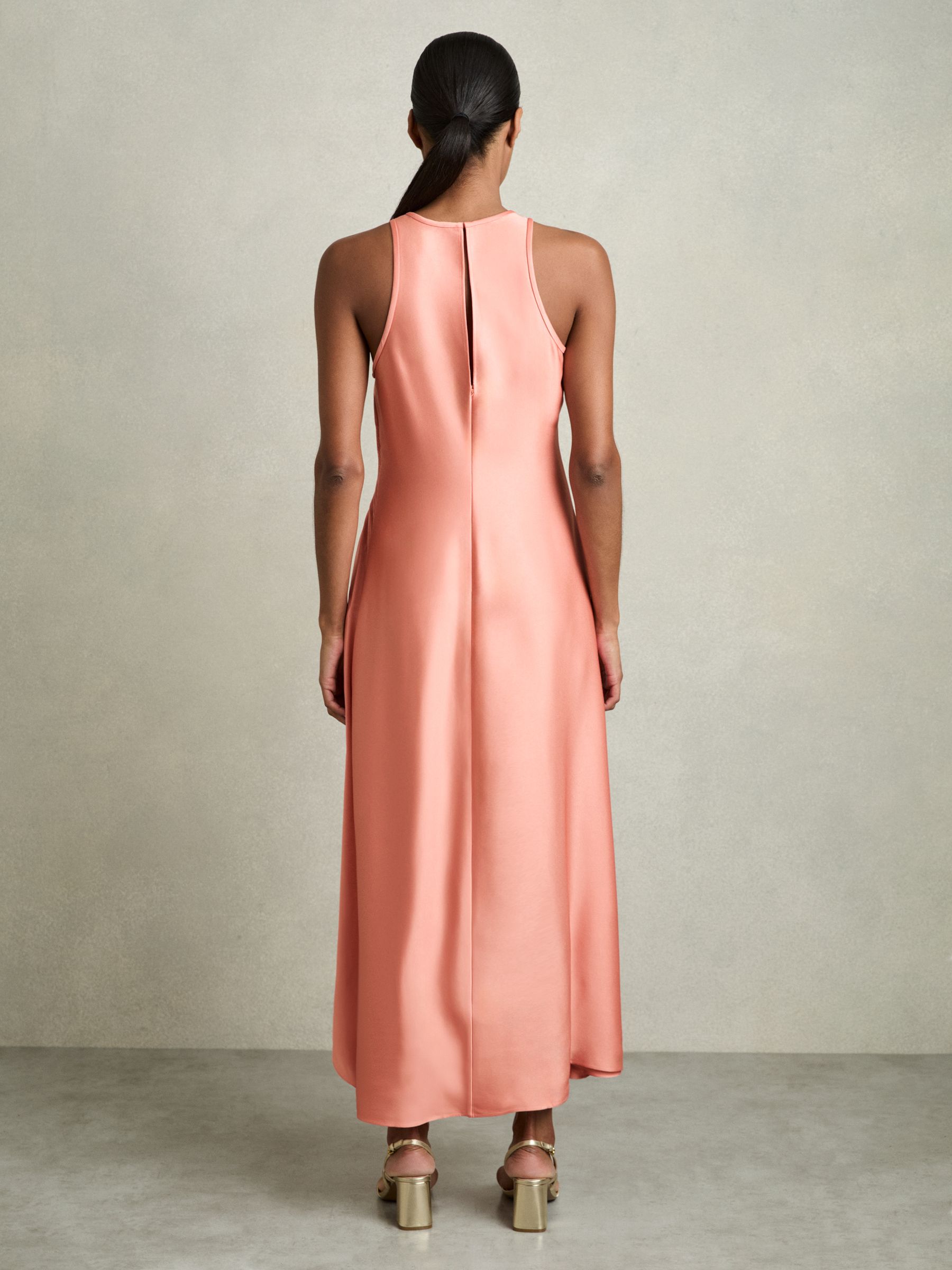 Petite Satin Shirred Midi Dress in Coral - Image 4 of 6