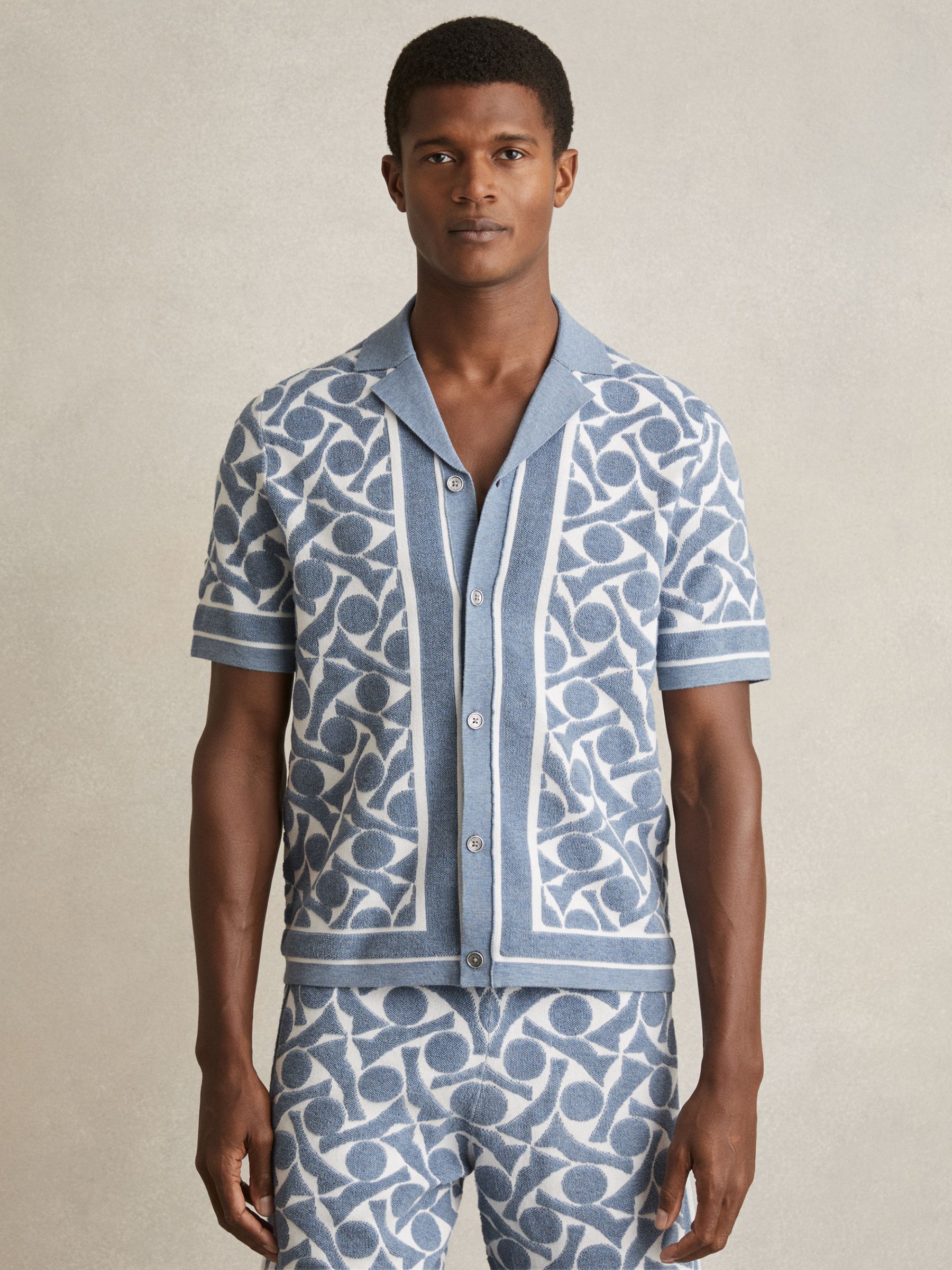 Abstract Pattern Towelling Shirt in Soft Blue/White - Image 1 of 7