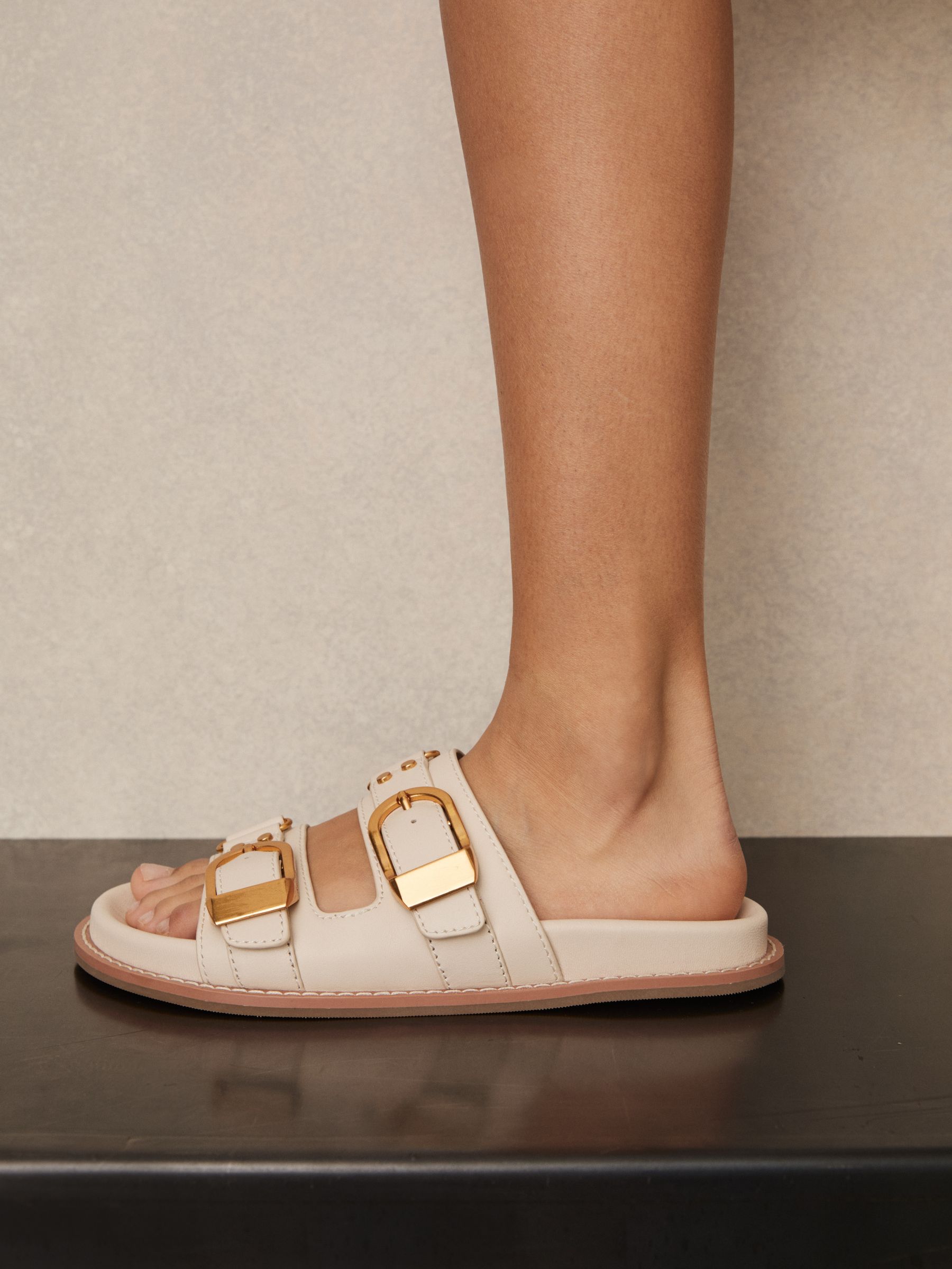 Leather Buckled Slip-On Sandals in Off White - Image 2 of 5