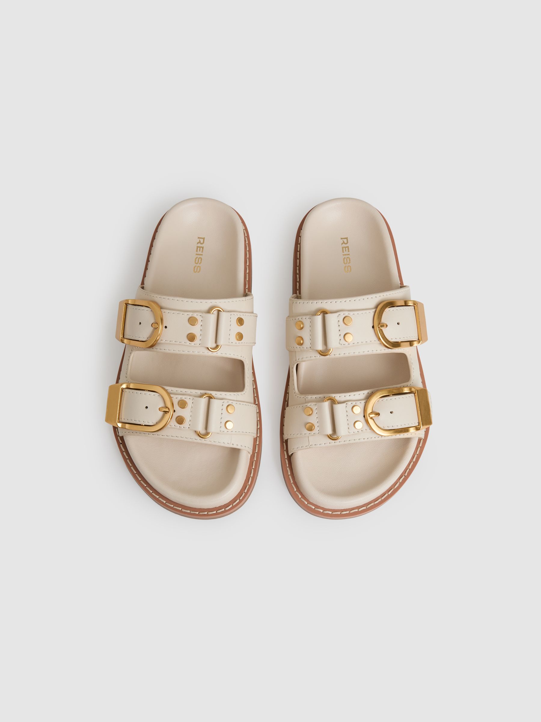 Leather Buckled Slip-On Sandals in Off White - Image 3 of 5