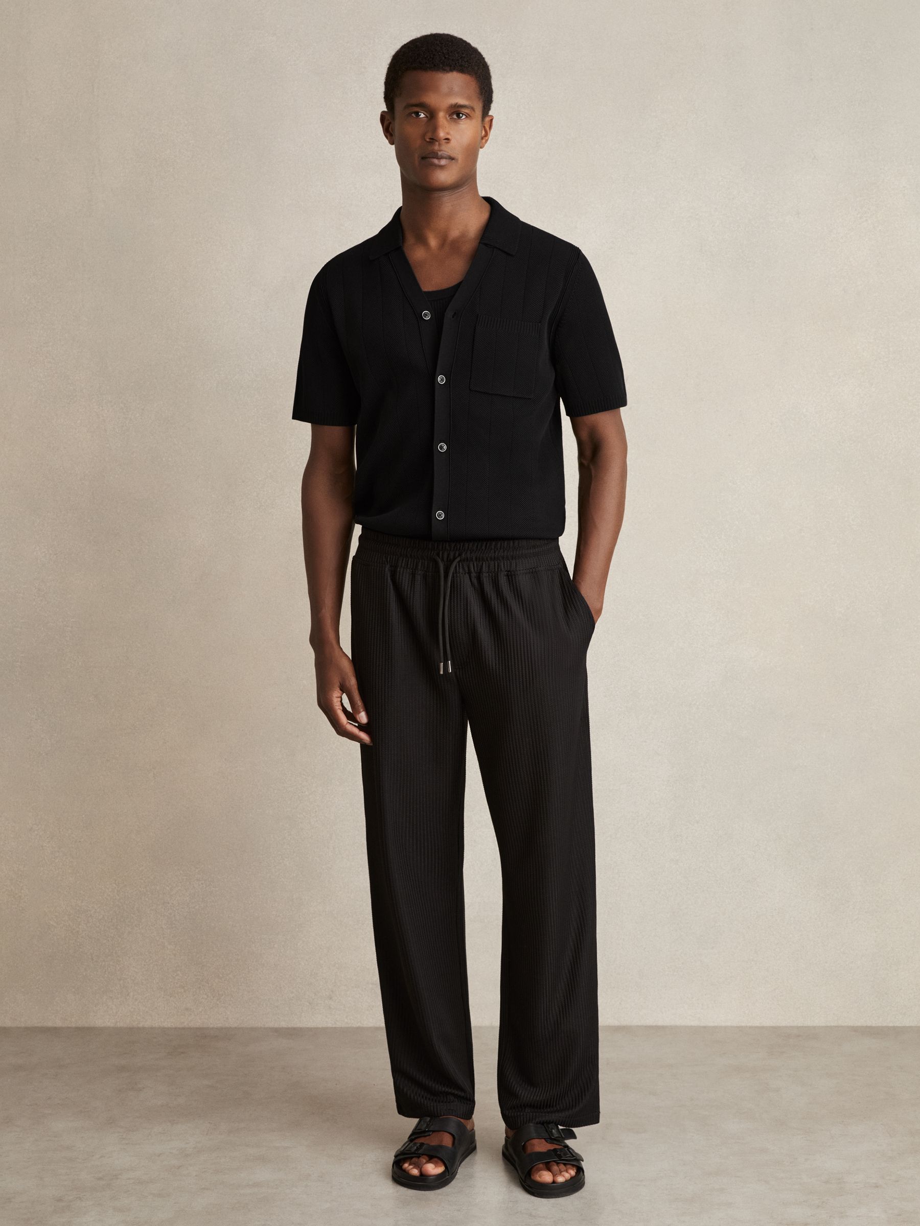 V-Neck Collar Textured Knit Shirt in Black - Image 3 of 7