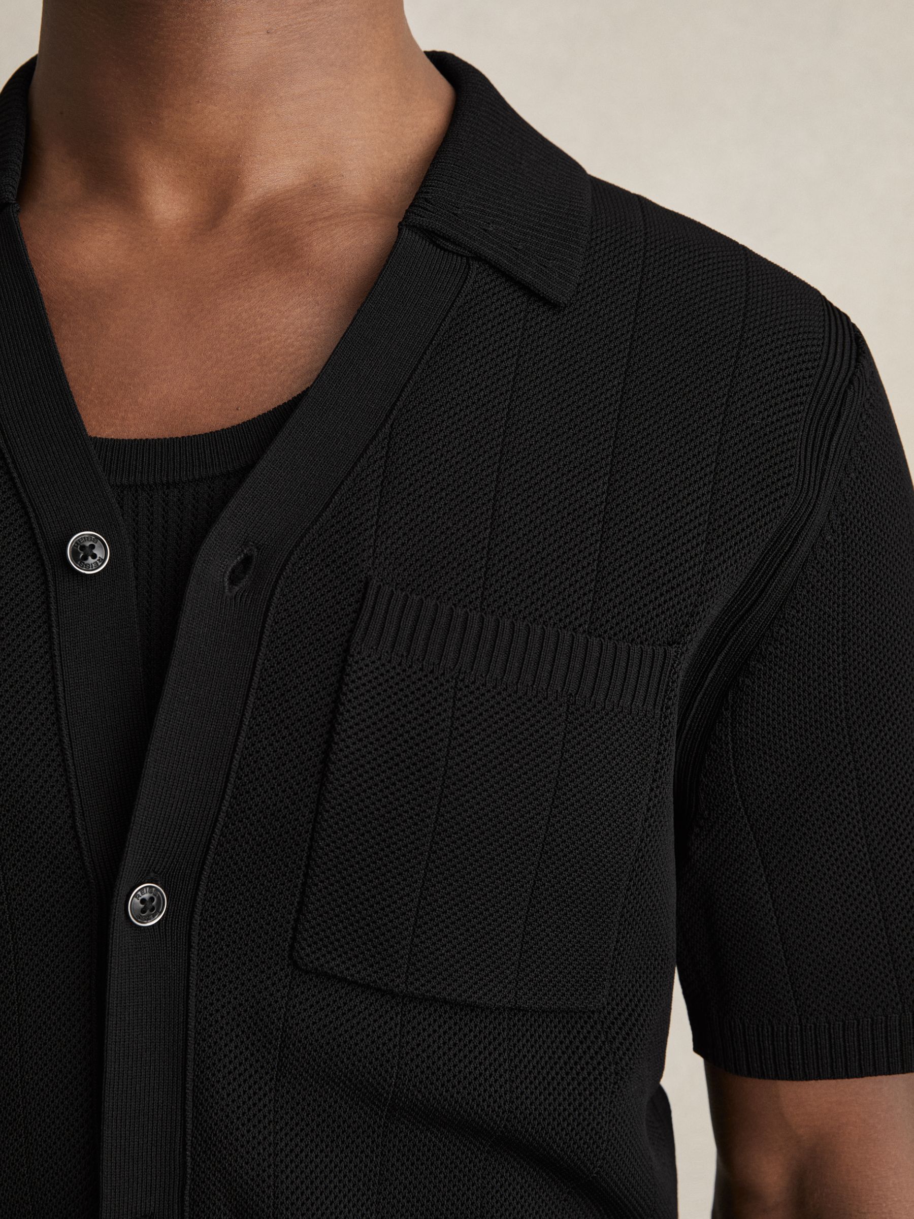 V-Neck Collar Textured Knit Shirt in Black - Image 4 of 7