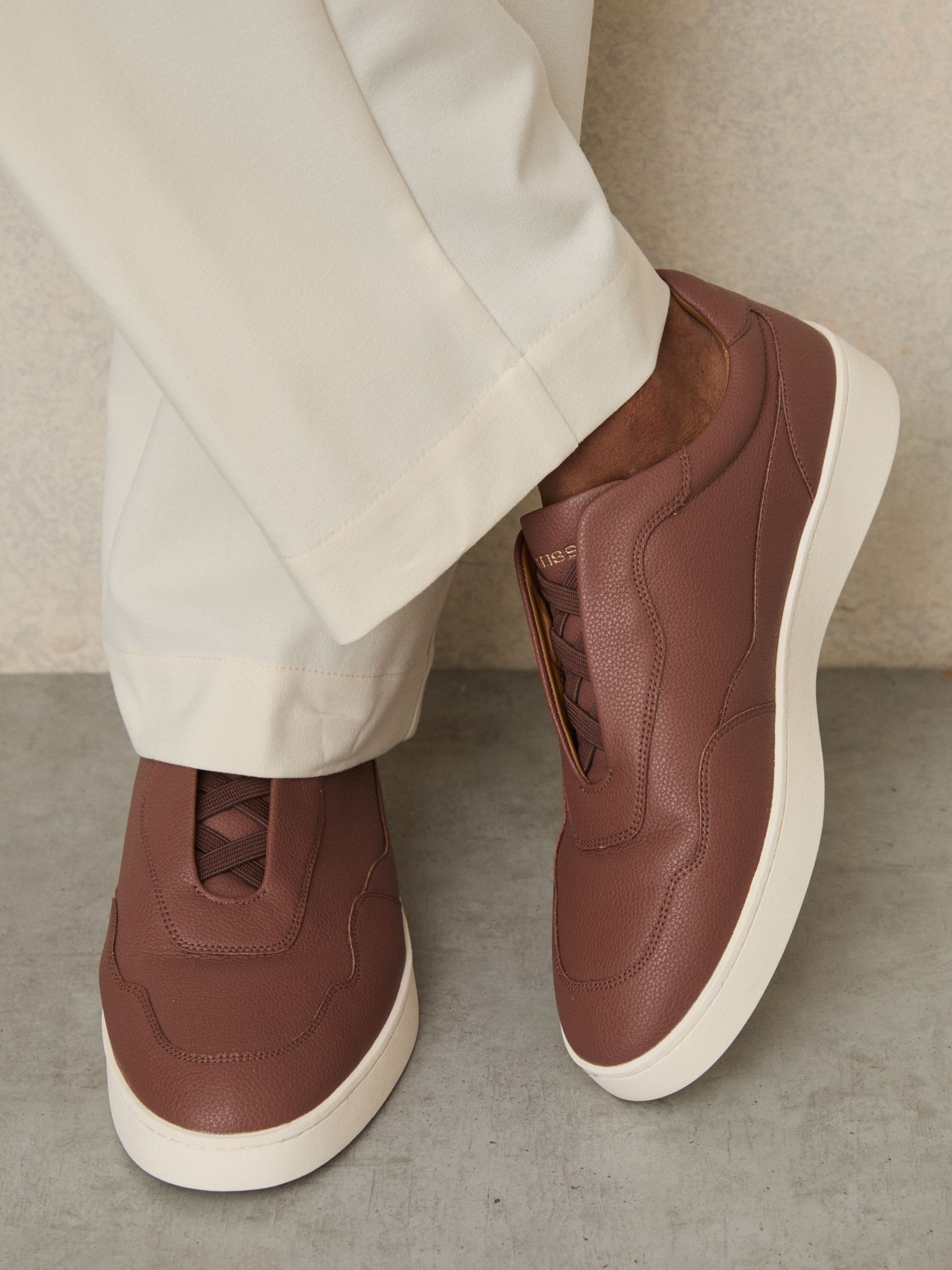 Leather Elasticated-Lace Trainers in Terracotta Brown - Image 2 of 5