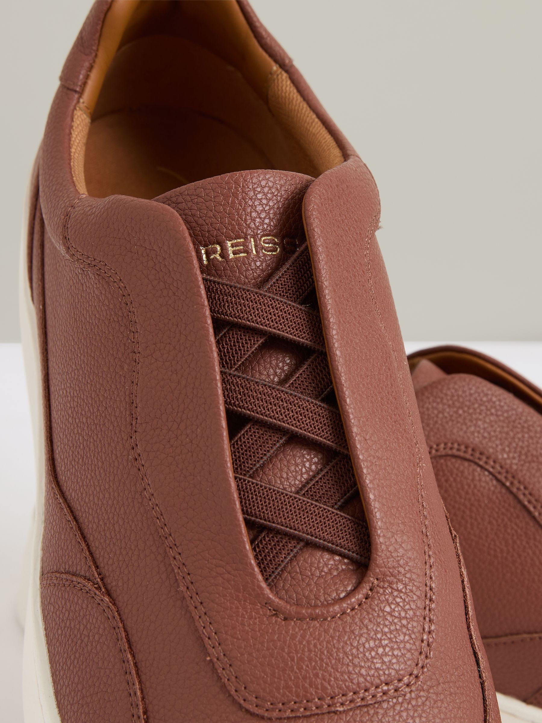 Leather Elasticated-Lace Trainers in Terracotta Brown - Image 4 of 5