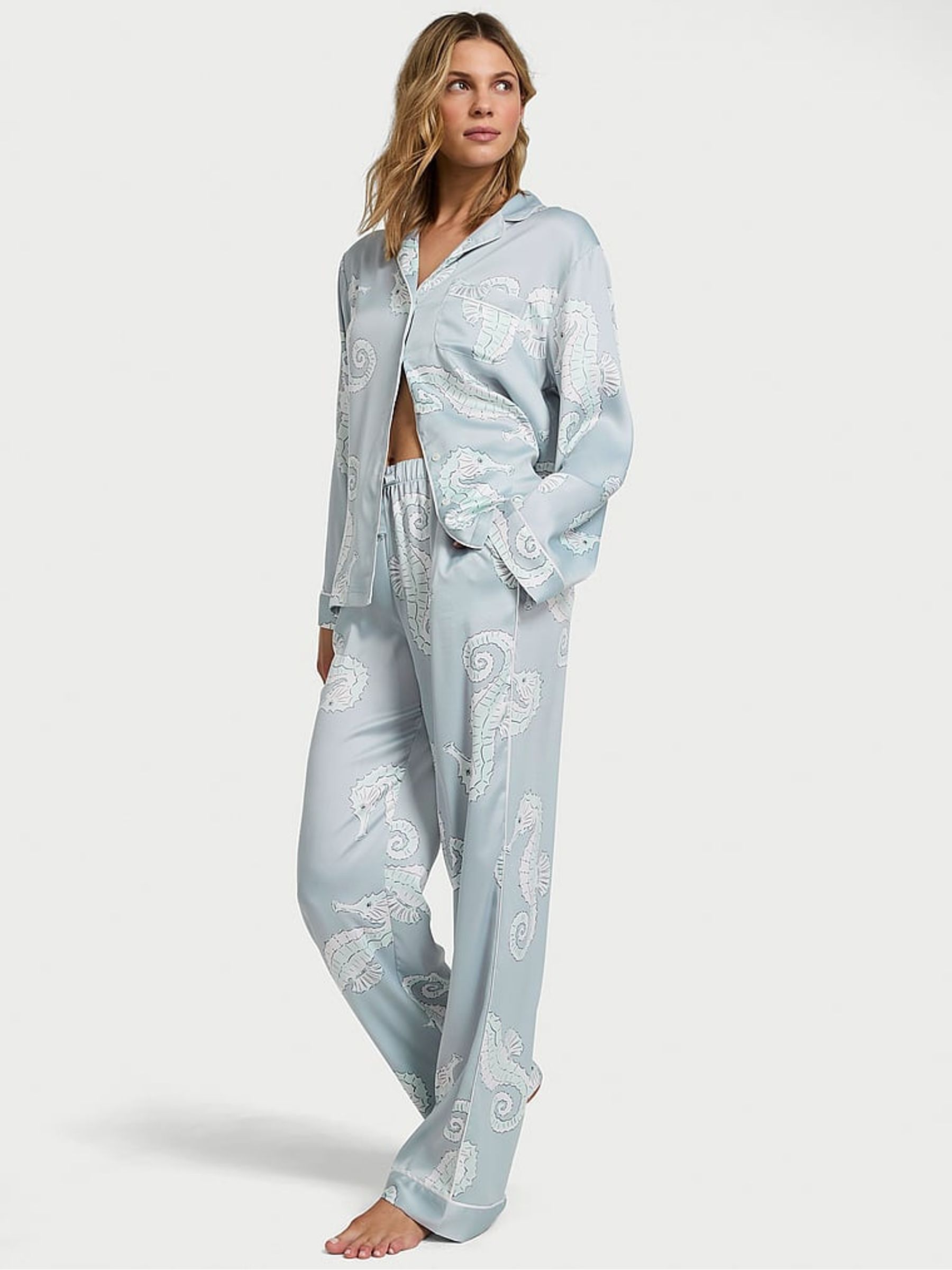 Grey Fog Seahorses Satin Long Pyjama Set - Image 1 of 2