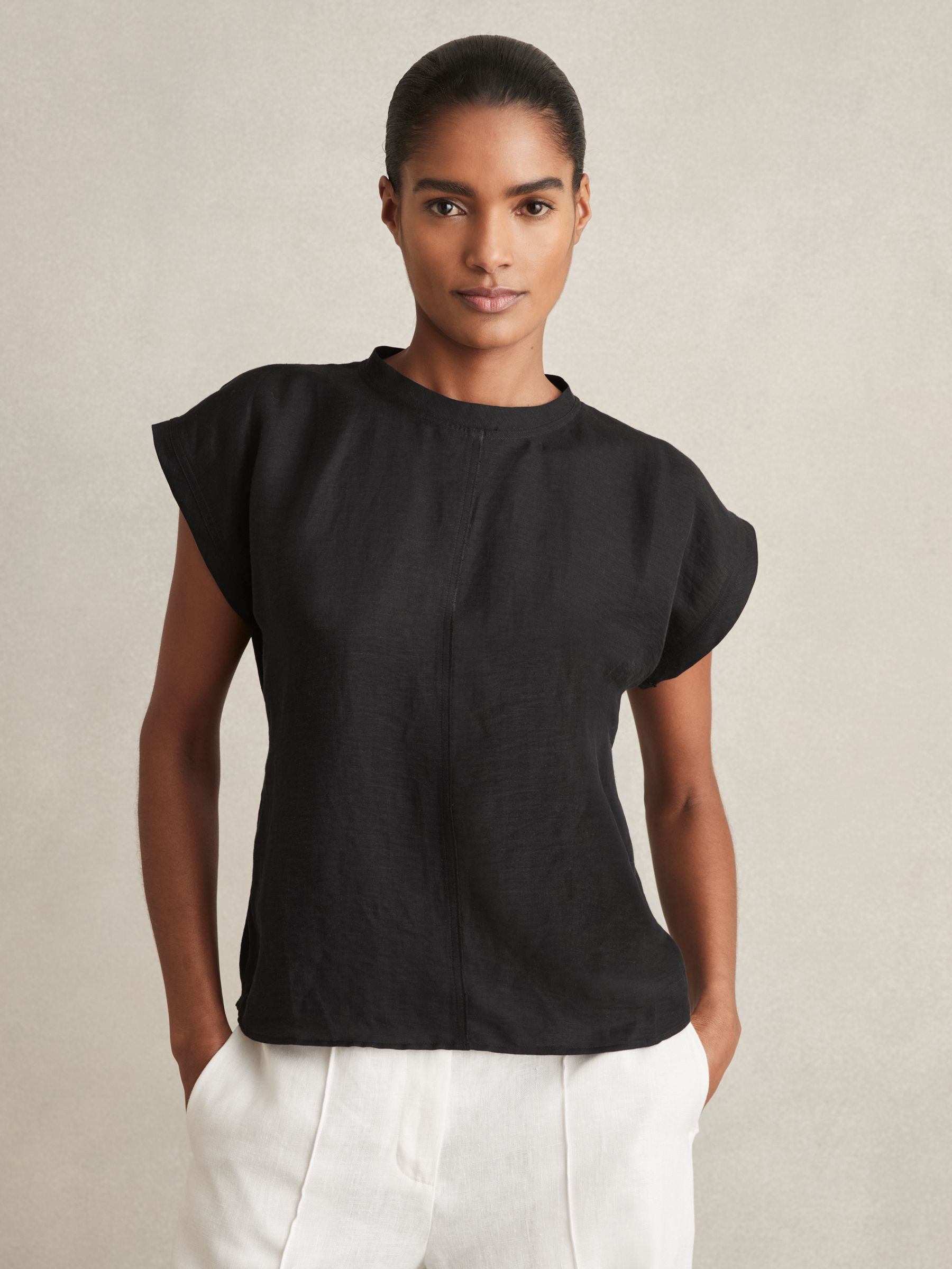 Linen-Blend Cap-Sleeve T-Shirt in Black - Image 1 of 6