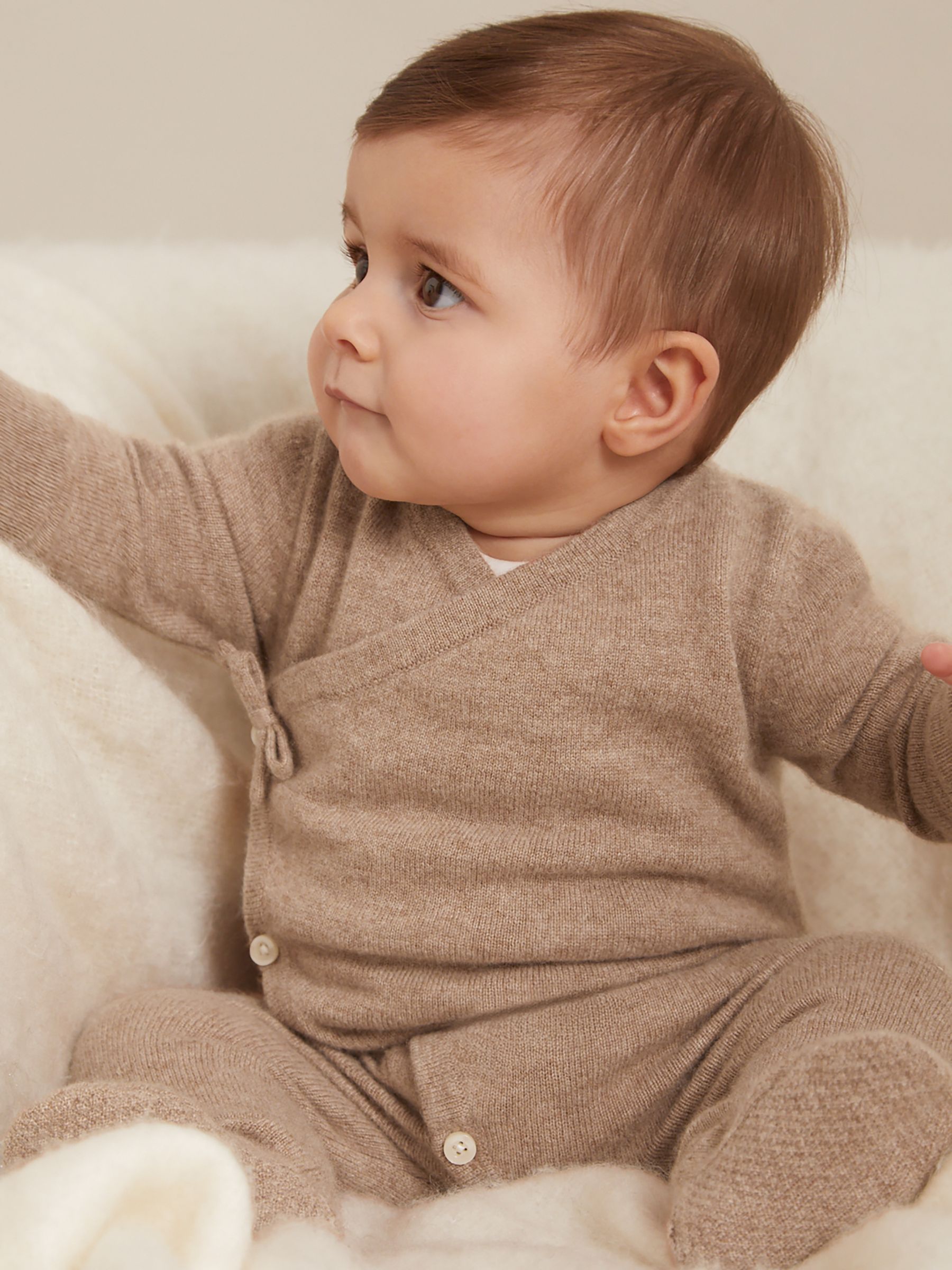 100% Cashmere Wrap-Front Sleepsuit in Taupe - Image 1 of 4