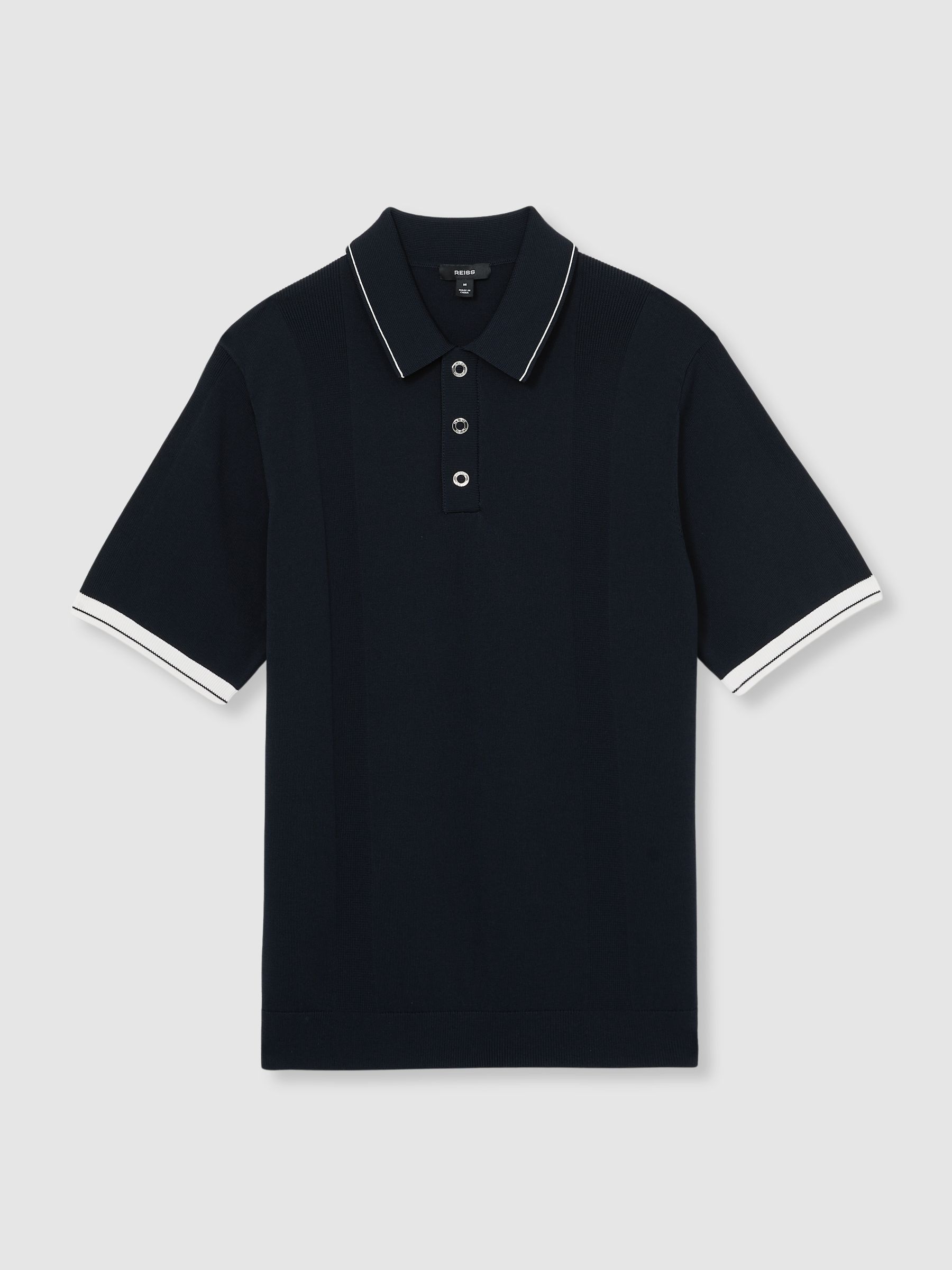 Tipped Knit Polo Shirt in White/Navy - Image 2 of 5