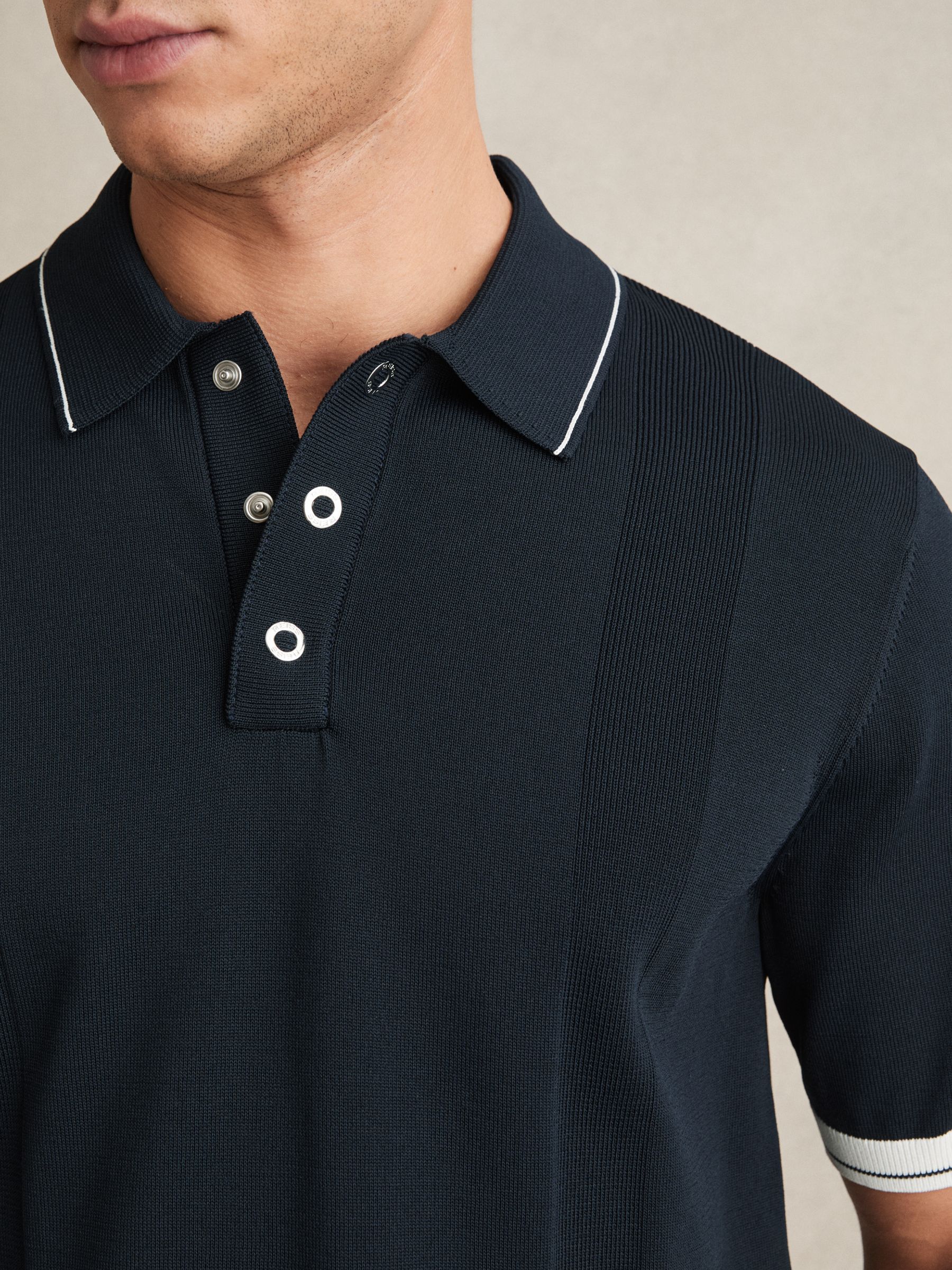 Tipped Knit Polo Shirt in White/Navy - Image 3 of 5