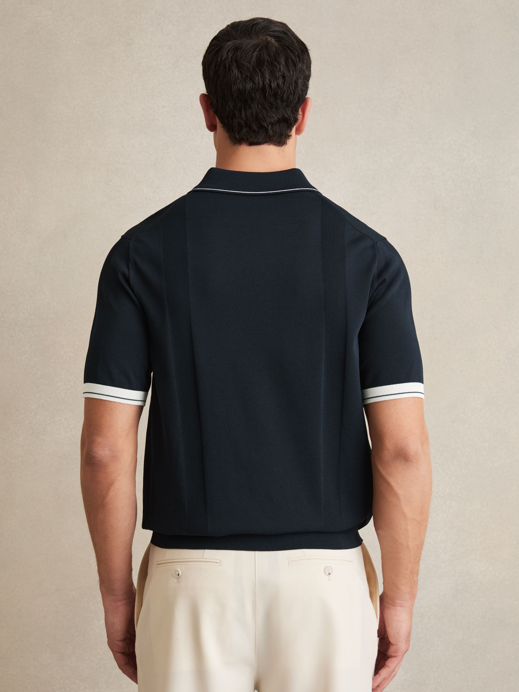 Tipped Knit Polo Shirt in White/Navy - Image 4 of 5