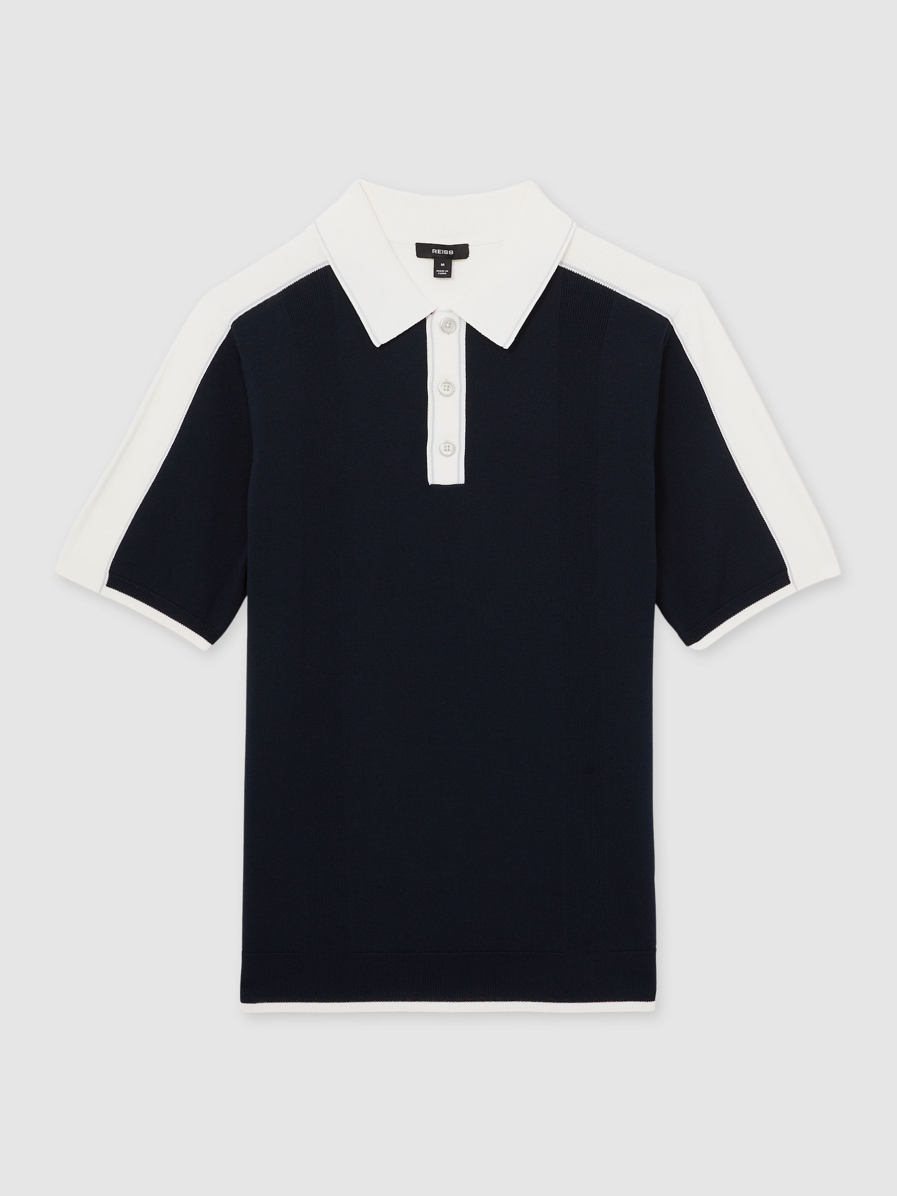 Colour-Block Knit Polo Shirt in Navy/White - Image 2 of 6