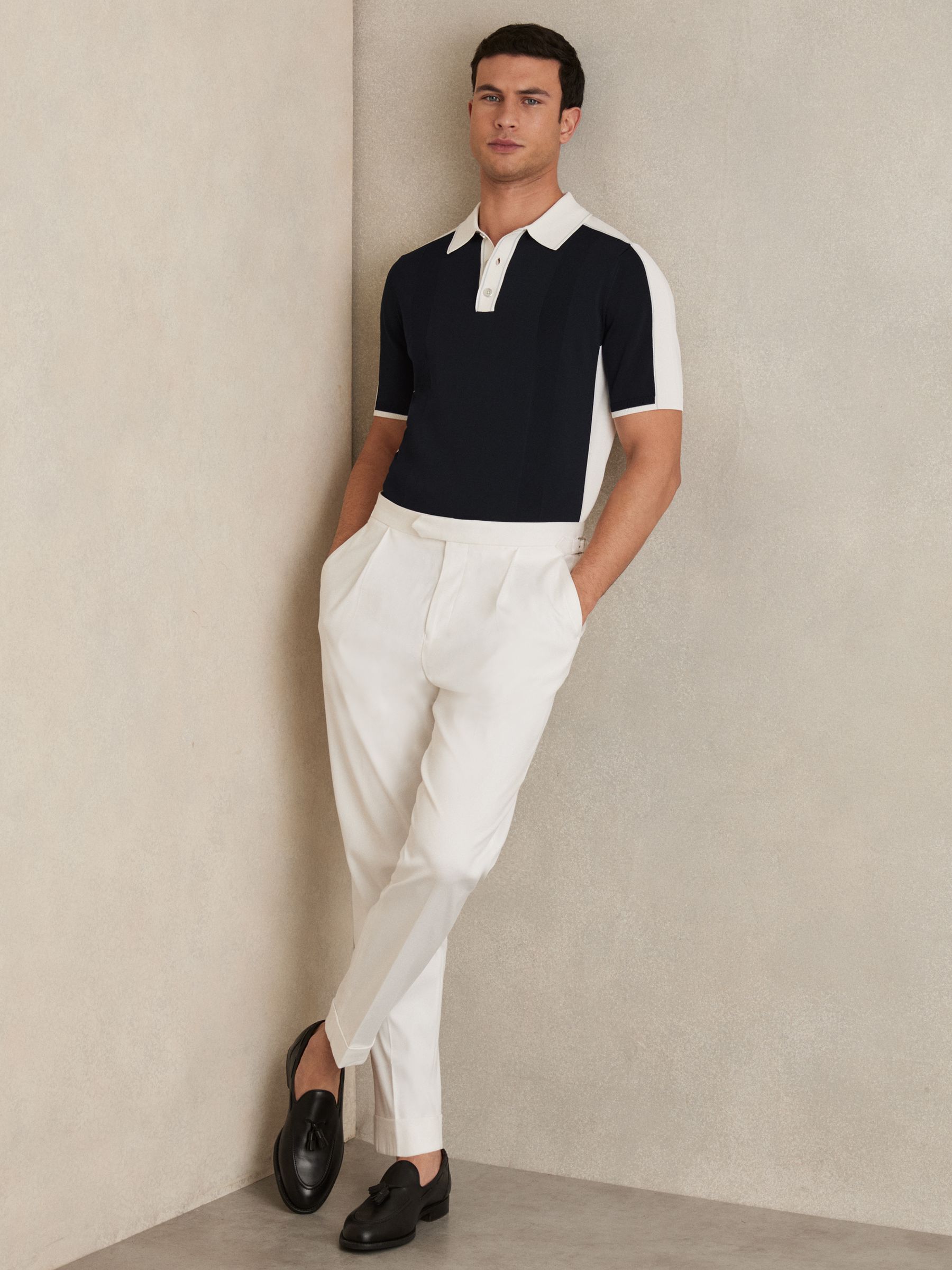 Colour-Block Knit Polo Shirt in Navy/White - Image 3 of 6
