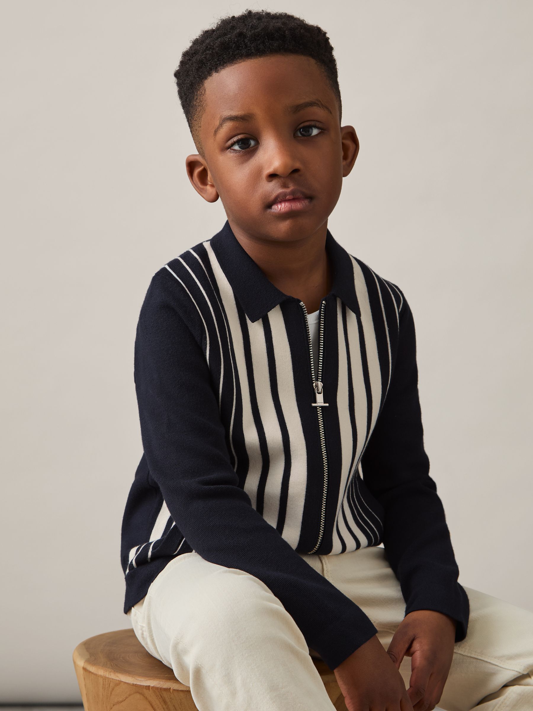9-13 yrs Striped Zip-Through Knit Overshirt in Navy/White - Image 3 of 5