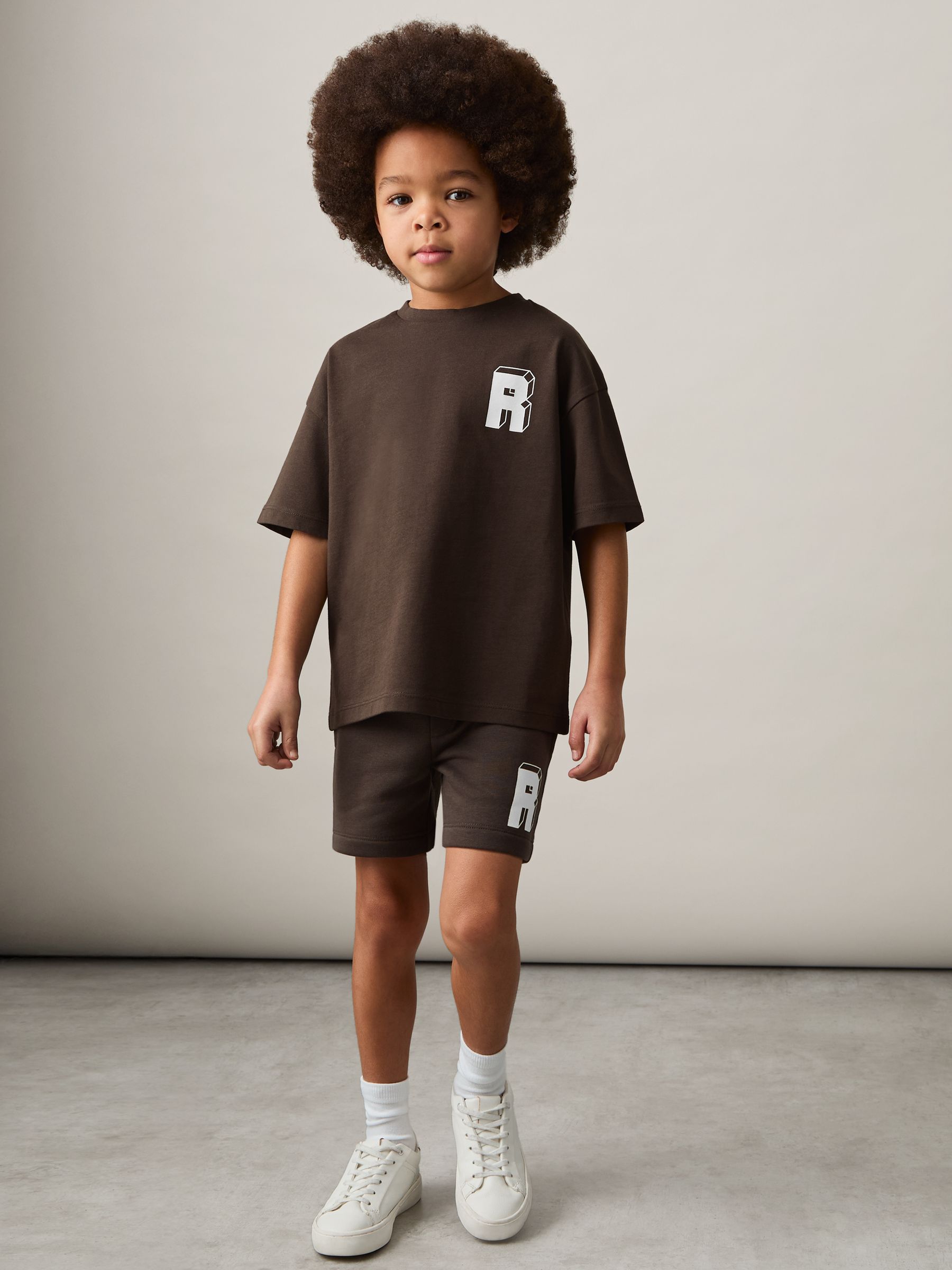 3-9 yrs Cotton Block-Logo Oversized T-Shirt in Chocolate Brown / Off White - Image 1 of 4