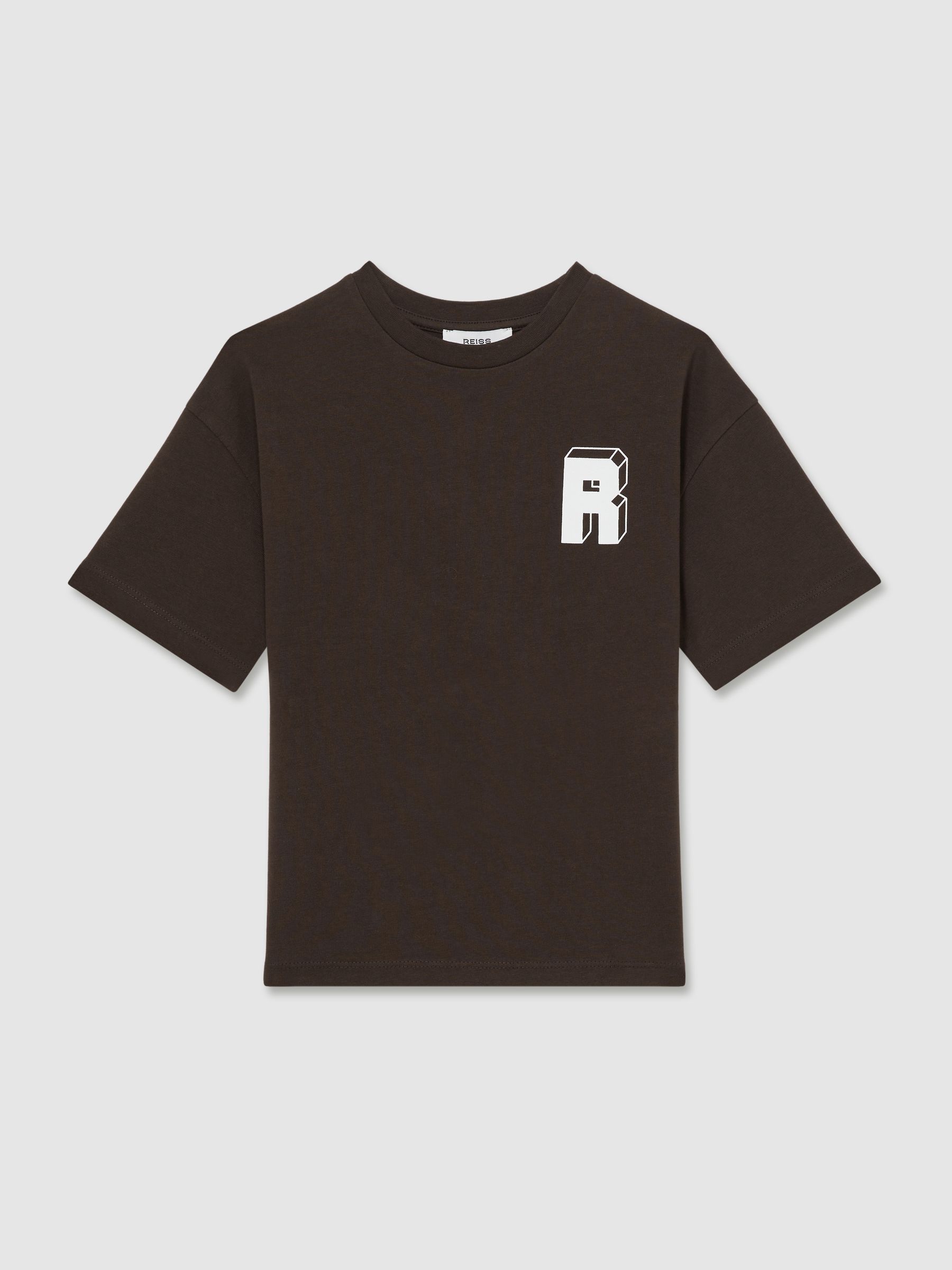 3-9 yrs Cotton Block-Logo Oversized T-Shirt in Chocolate Brown / Off White - Image 2 of 4