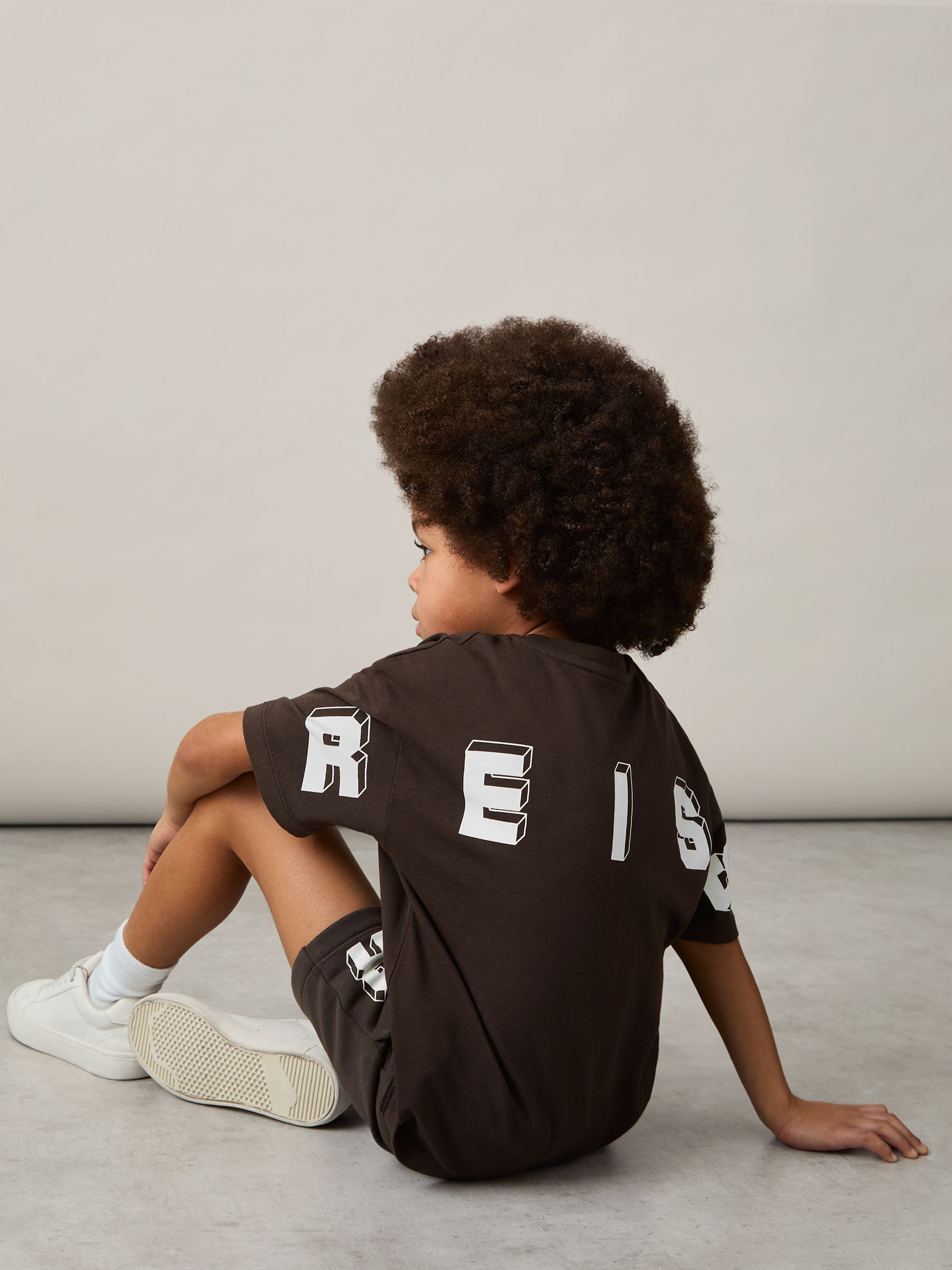 3-9 yrs Cotton Block-Logo Oversized T-Shirt in Chocolate Brown / Off White - Image 3 of 4