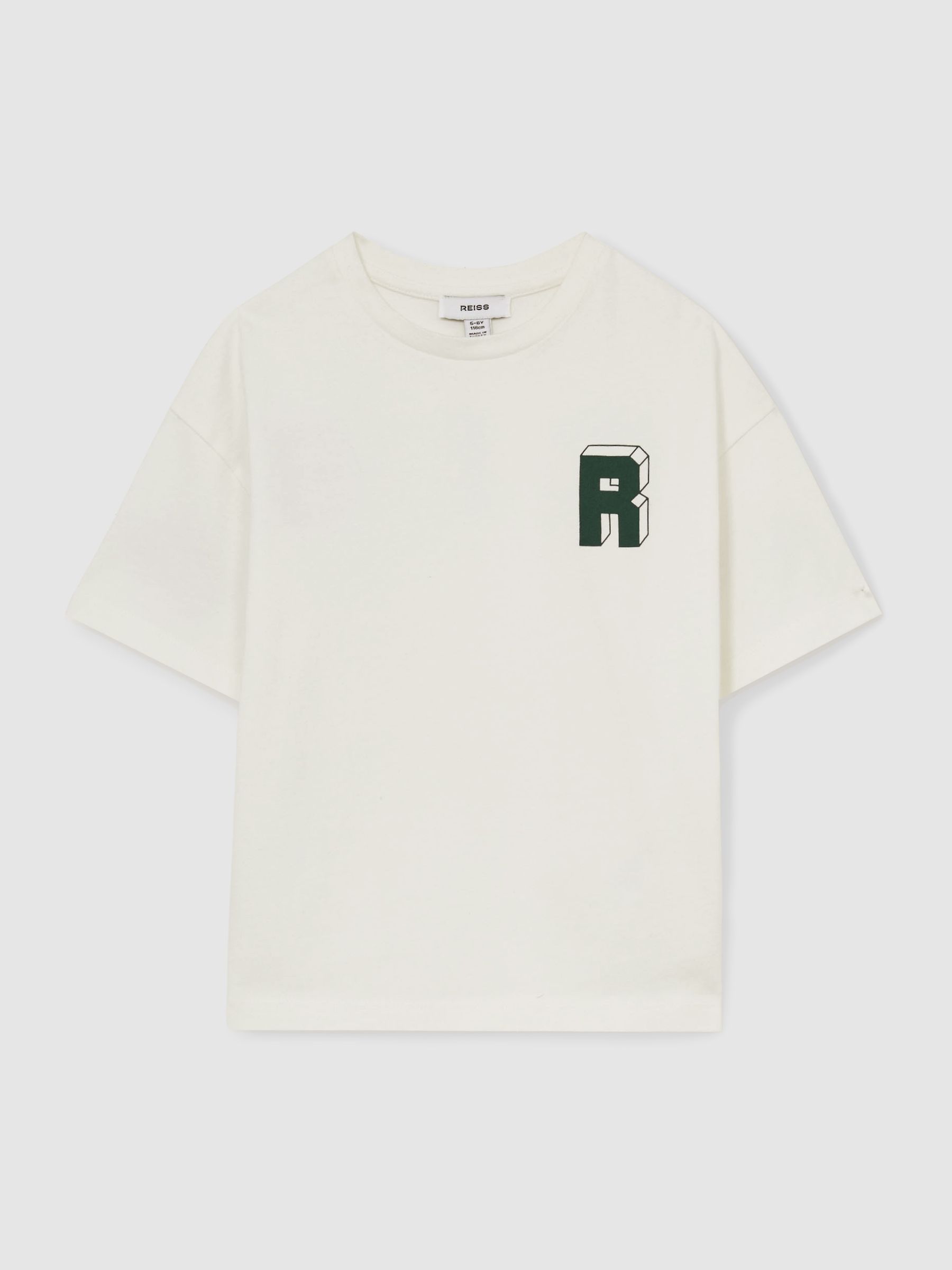 3-9 yrs Cotton Block-Logo Oversized T-Shirt in Off White/Green - Image 2 of 4