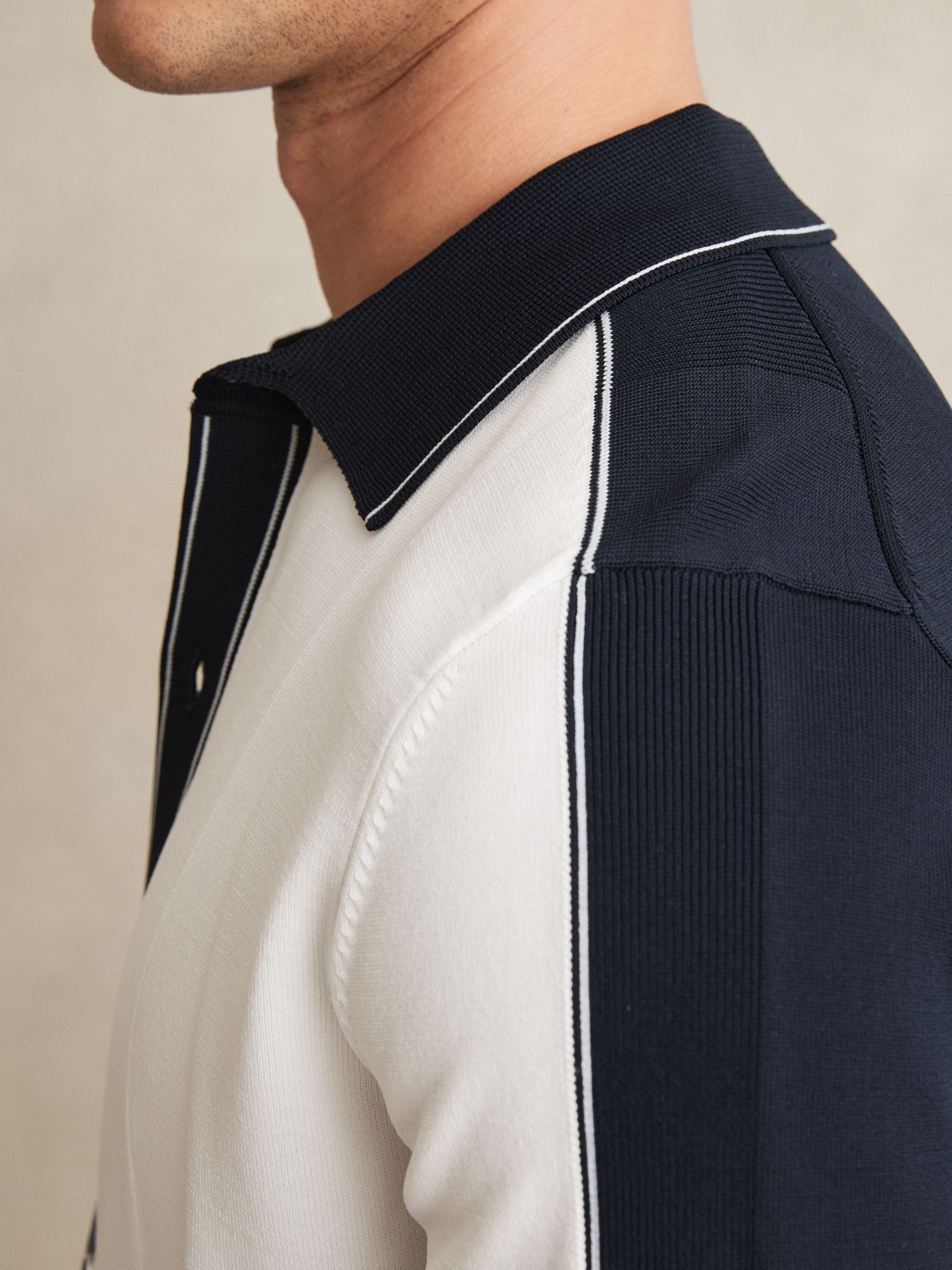 Colourblock Tipped Knit Shirt in White/Navy - Image 4 of 6