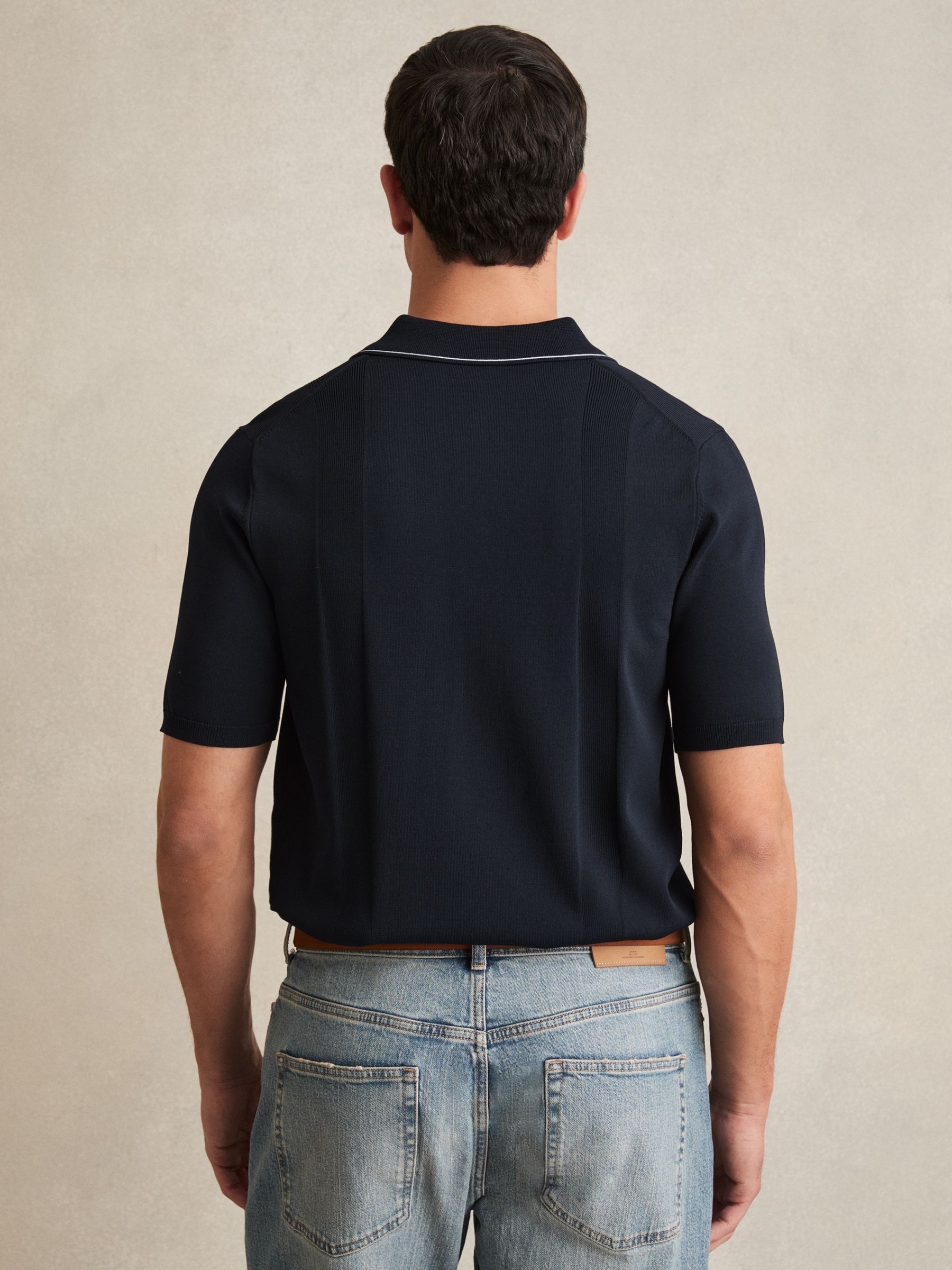 Colourblock Tipped Knit Shirt in White/Navy - Image 5 of 6