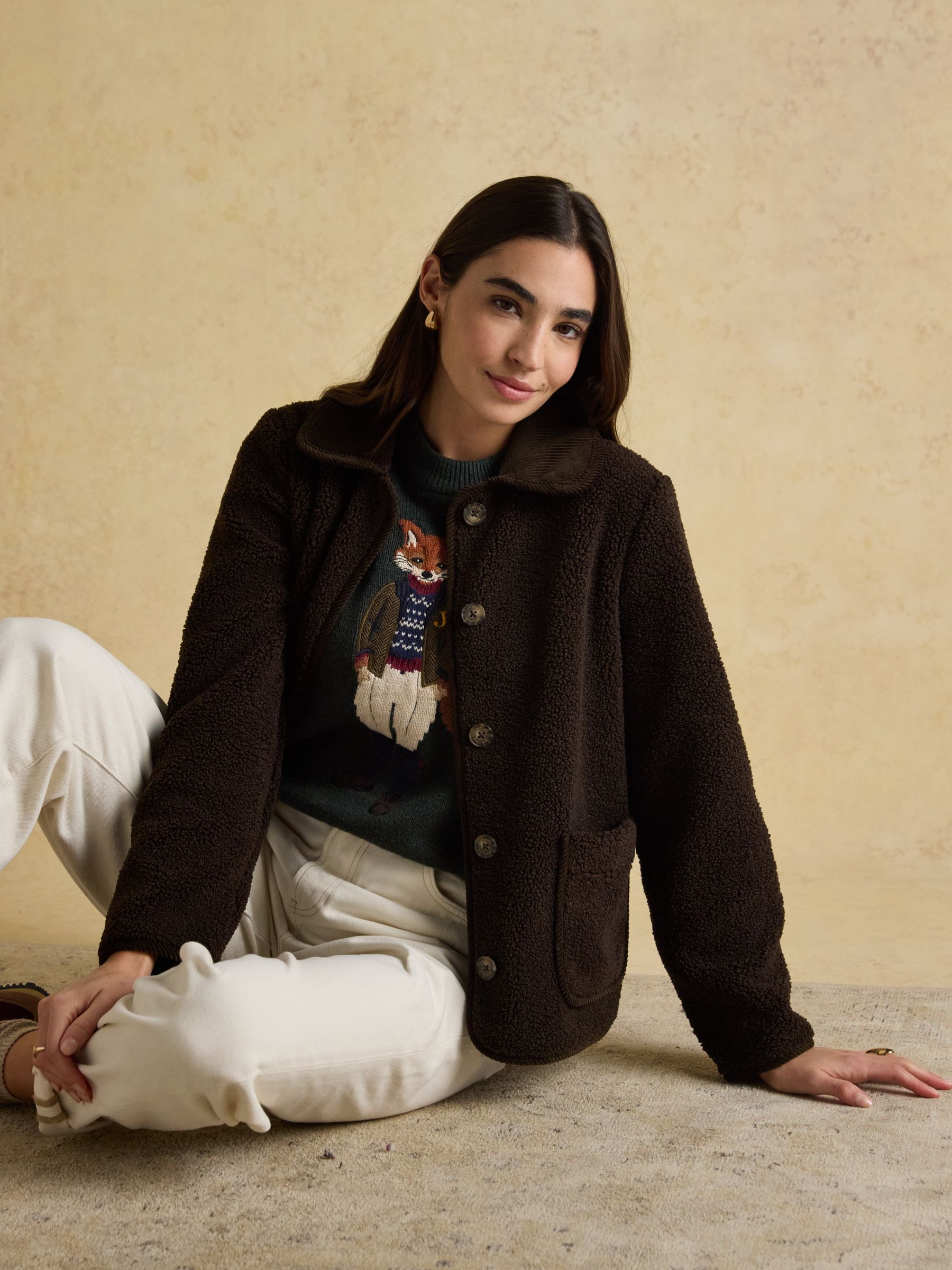 Sadie Chocolate Brown Regular Fleece Jacket with Button Fastening - Image 4 of 8