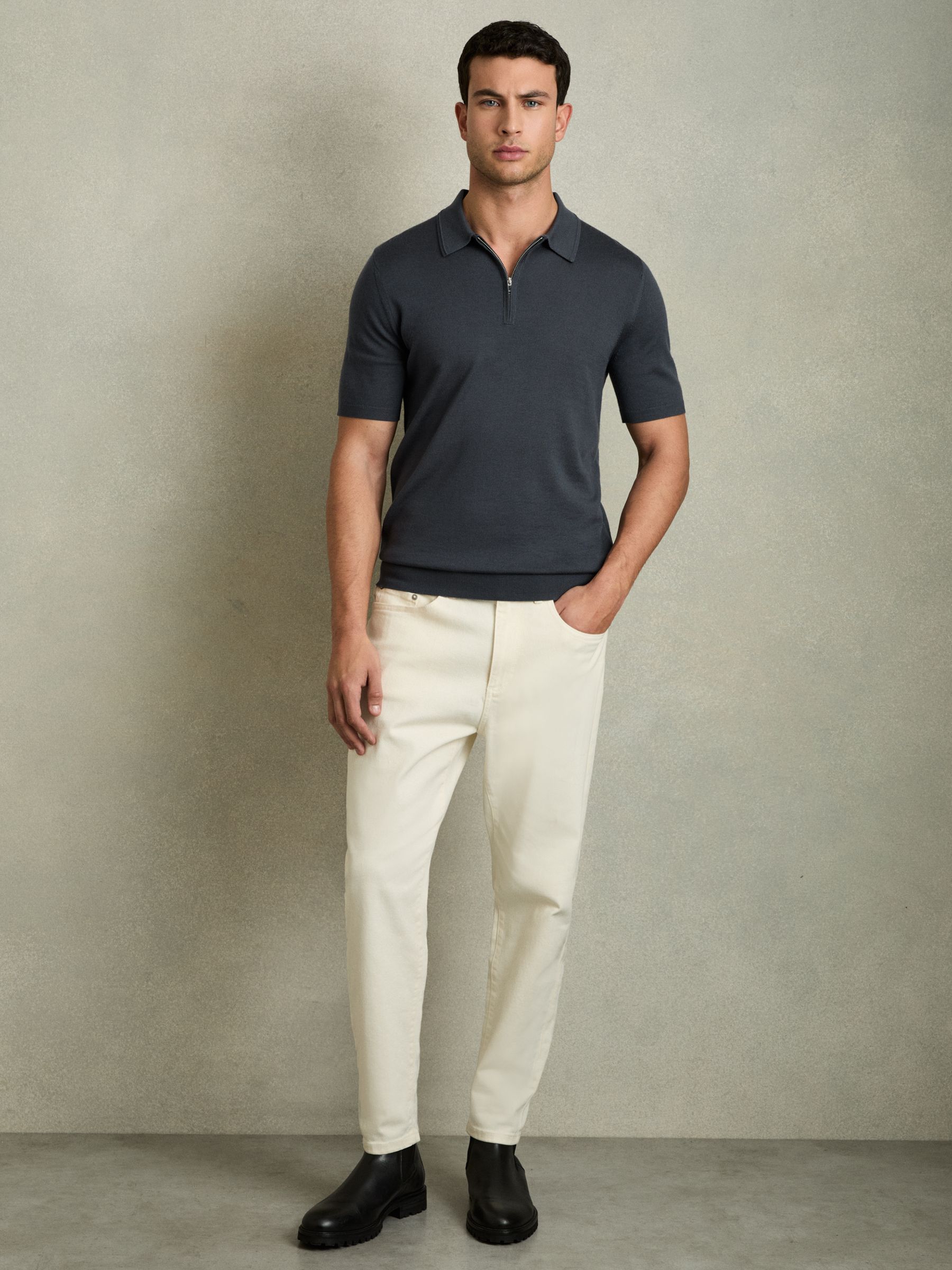 Merino Wool Half-Zip Polo Shirt in Blackened Blue - Image 3 of 7