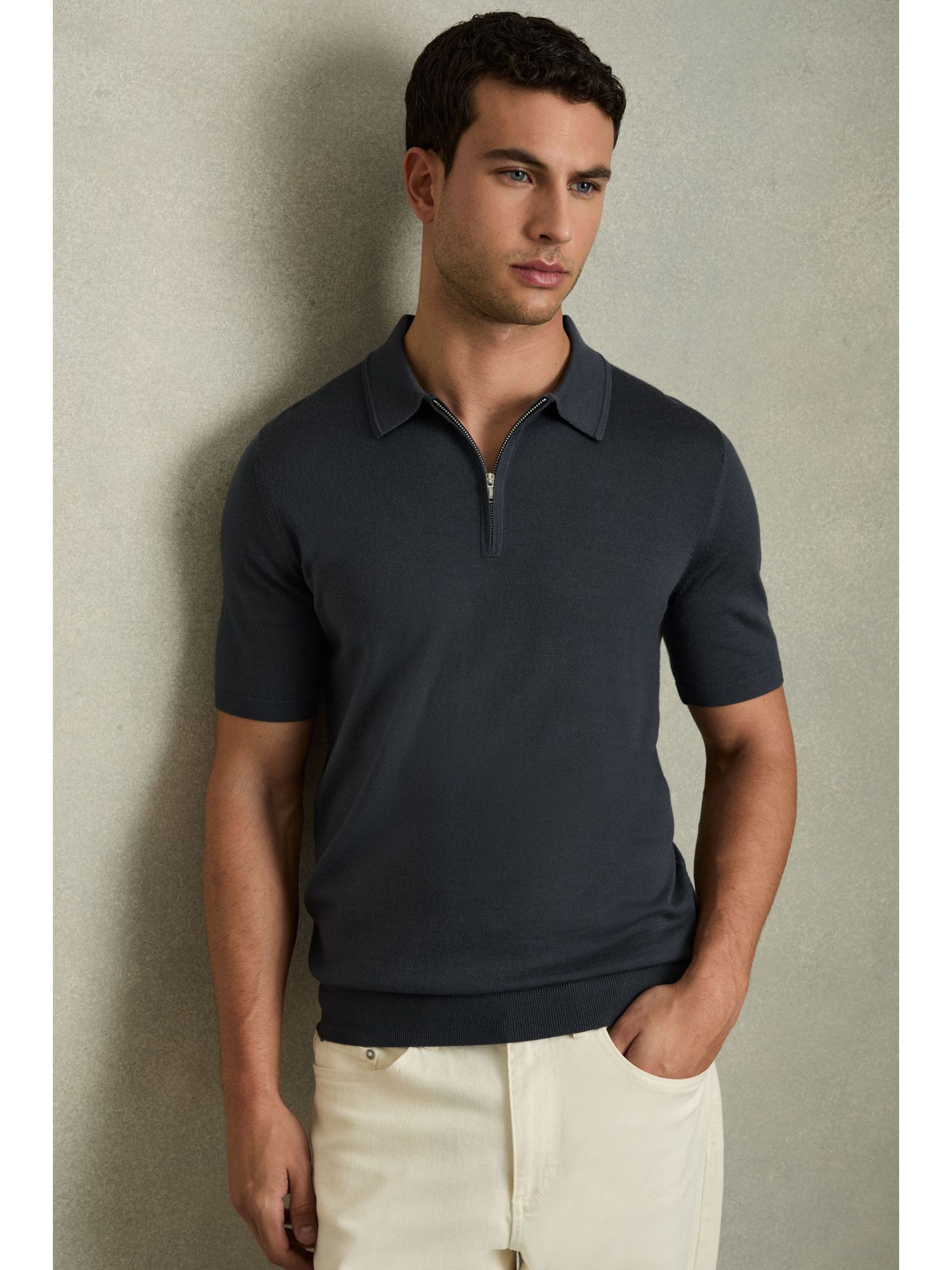 Wool Half-Zip Polo Shirt in Blackened Blue - image 3