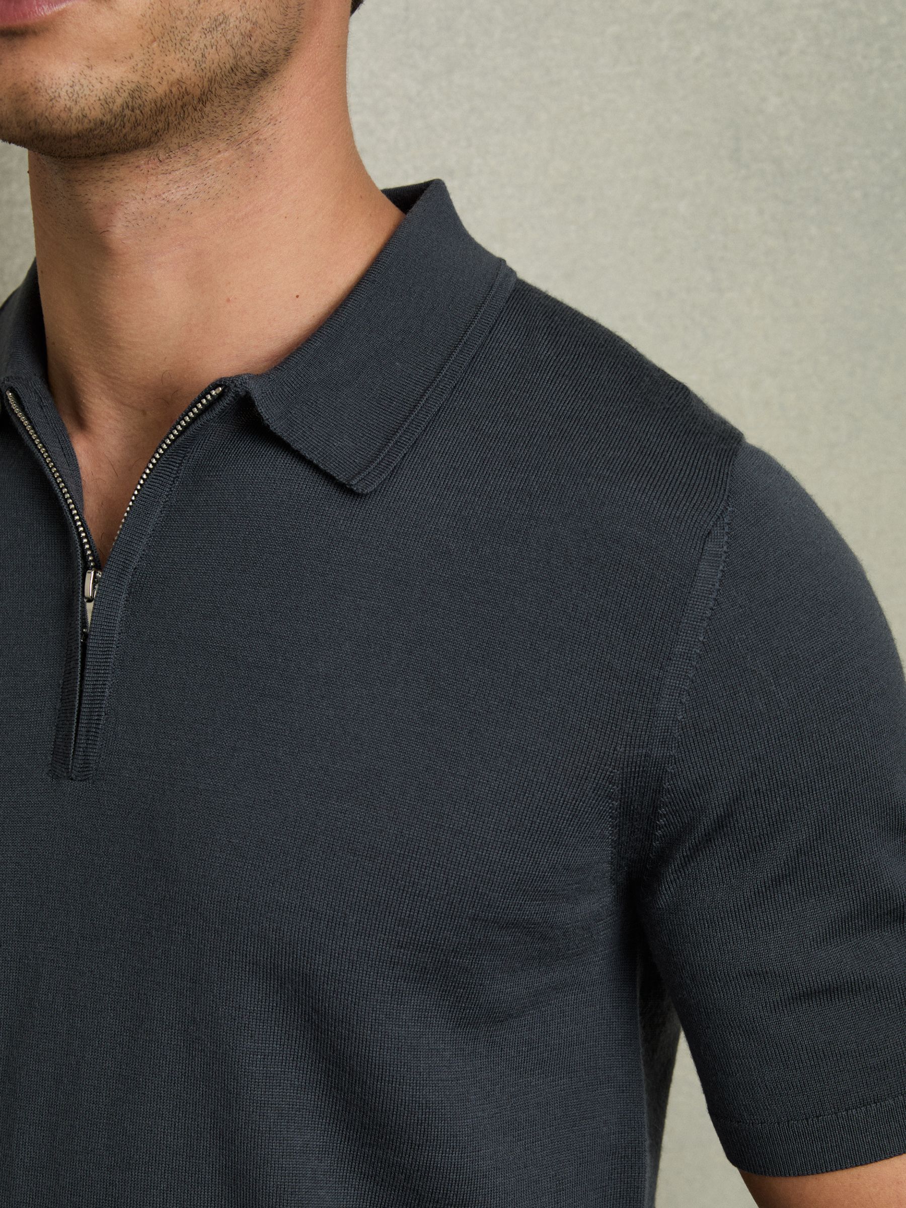 Merino Wool Half-Zip Polo Shirt in Blackened Blue - Image 4 of 7