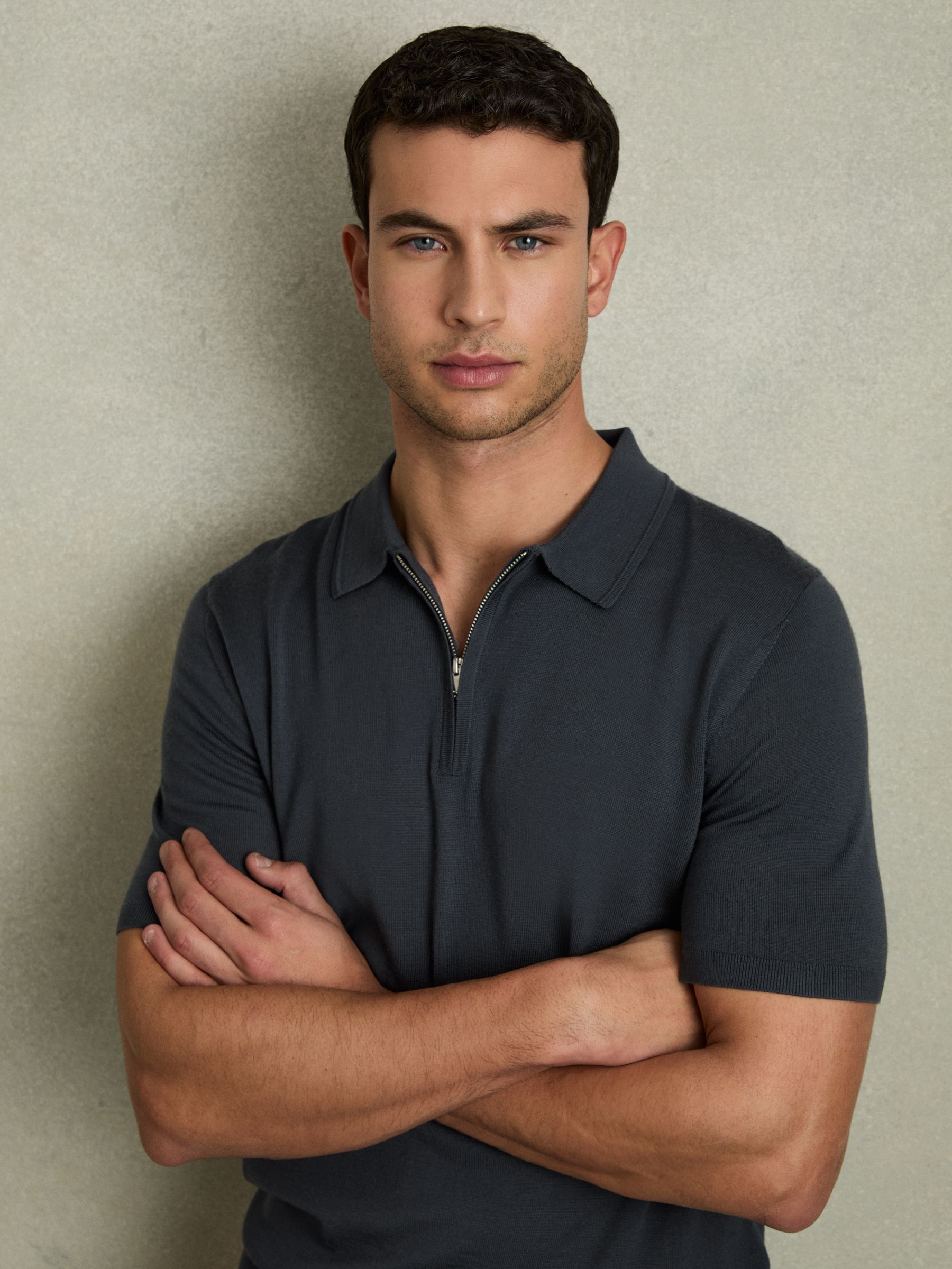 Merino Wool Half-Zip Polo Shirt in Blackened Blue - Image 6 of 7