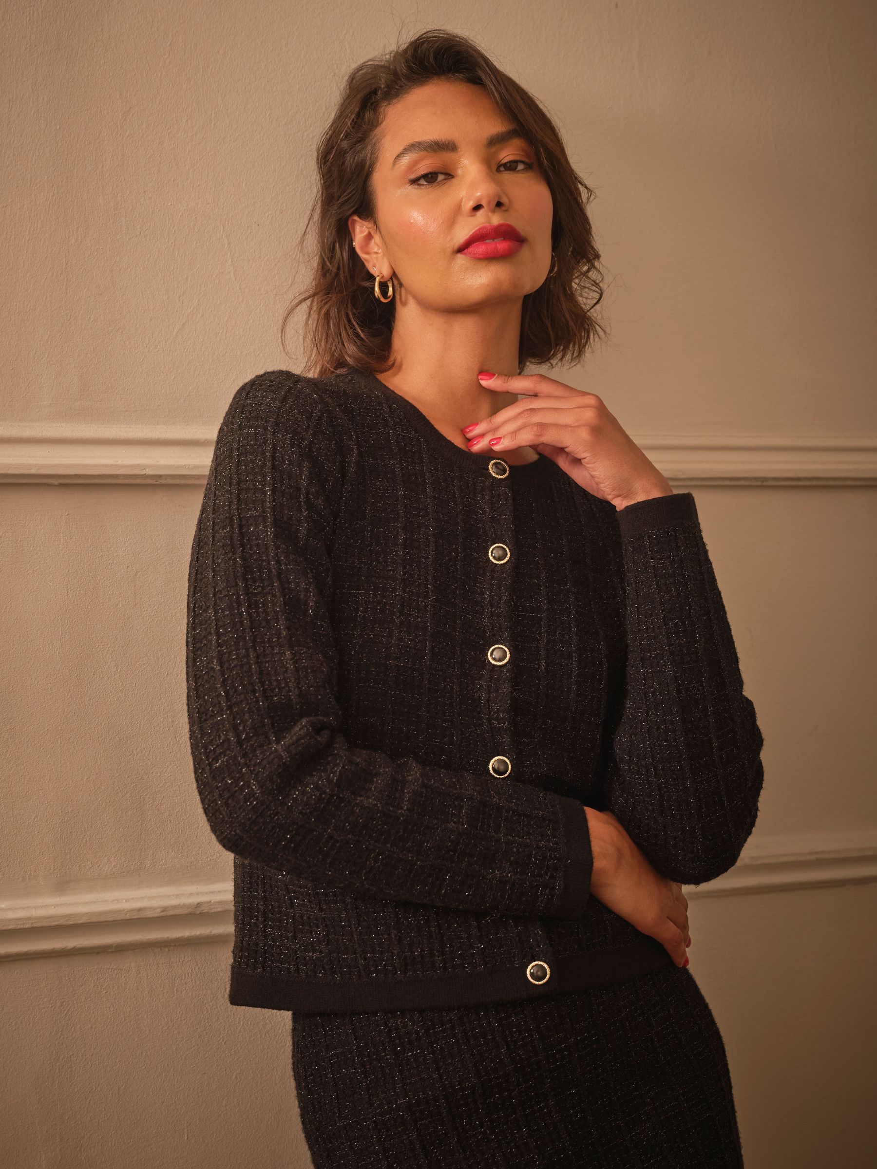 Piper Black Boucle Round Neck Cardigan | FatFace USA