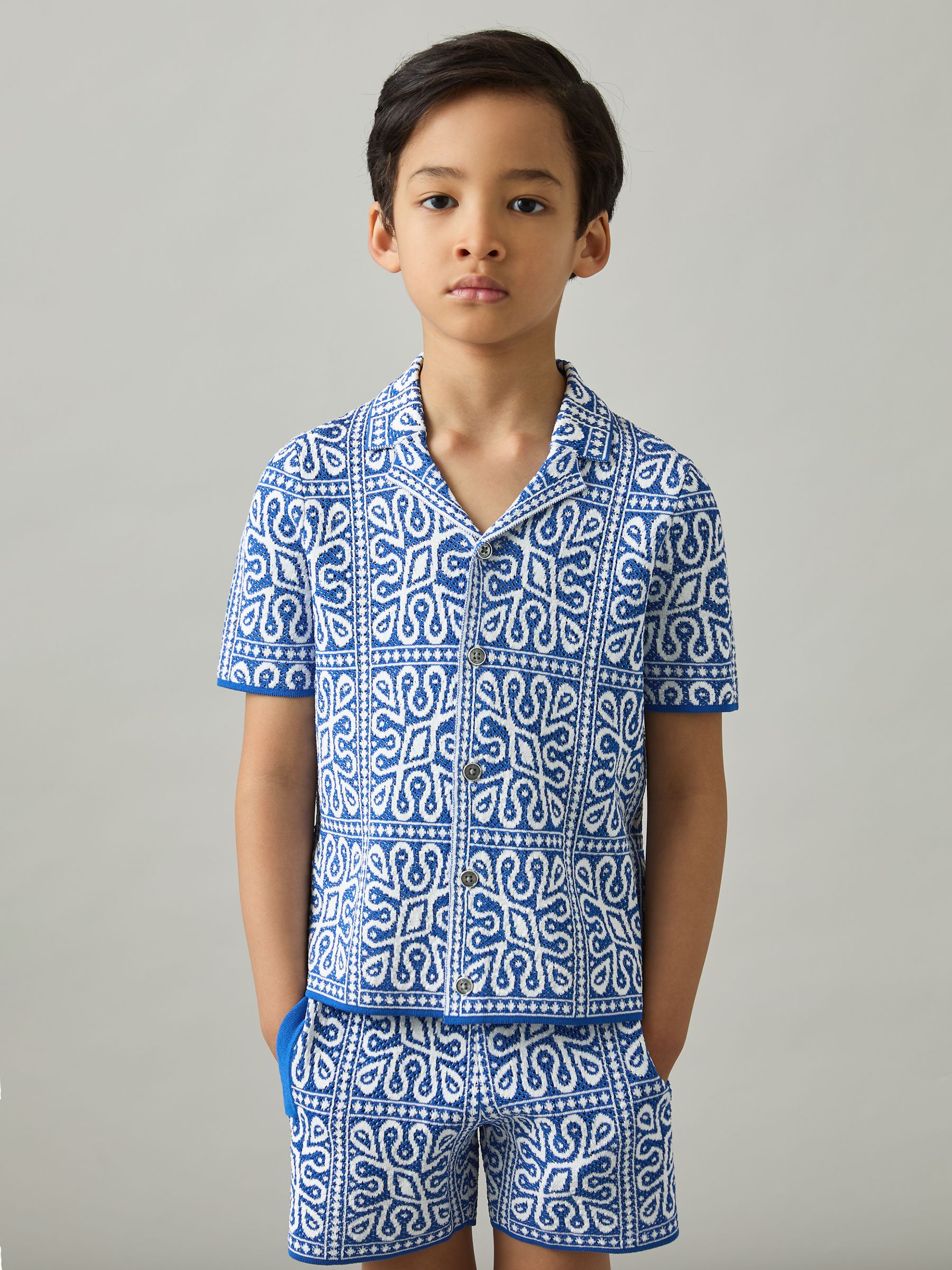 3-9 yrs Tile Pattern Knit Shirt in Blue/White - Image 1 of 4